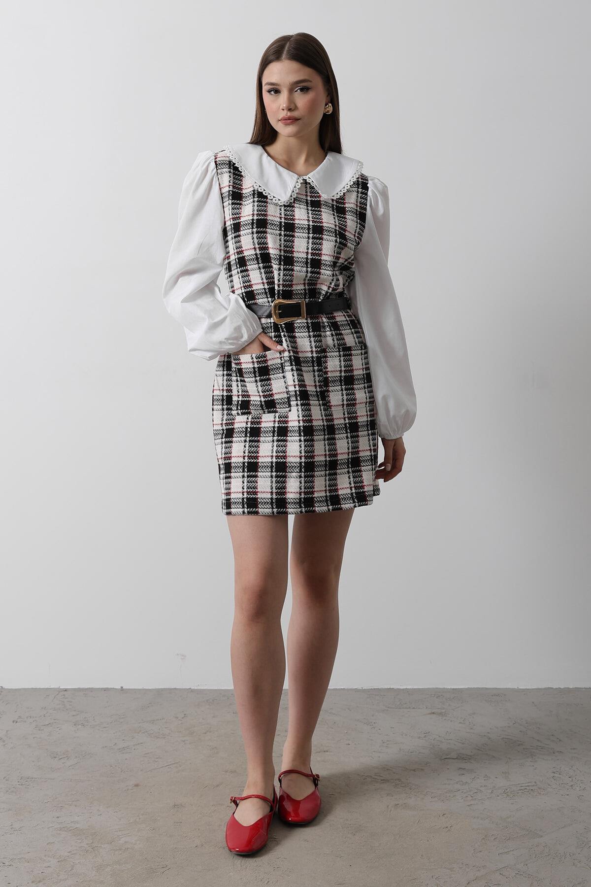 Ekoseli Bebe Yaka Mini Boy Kemerli Elbise