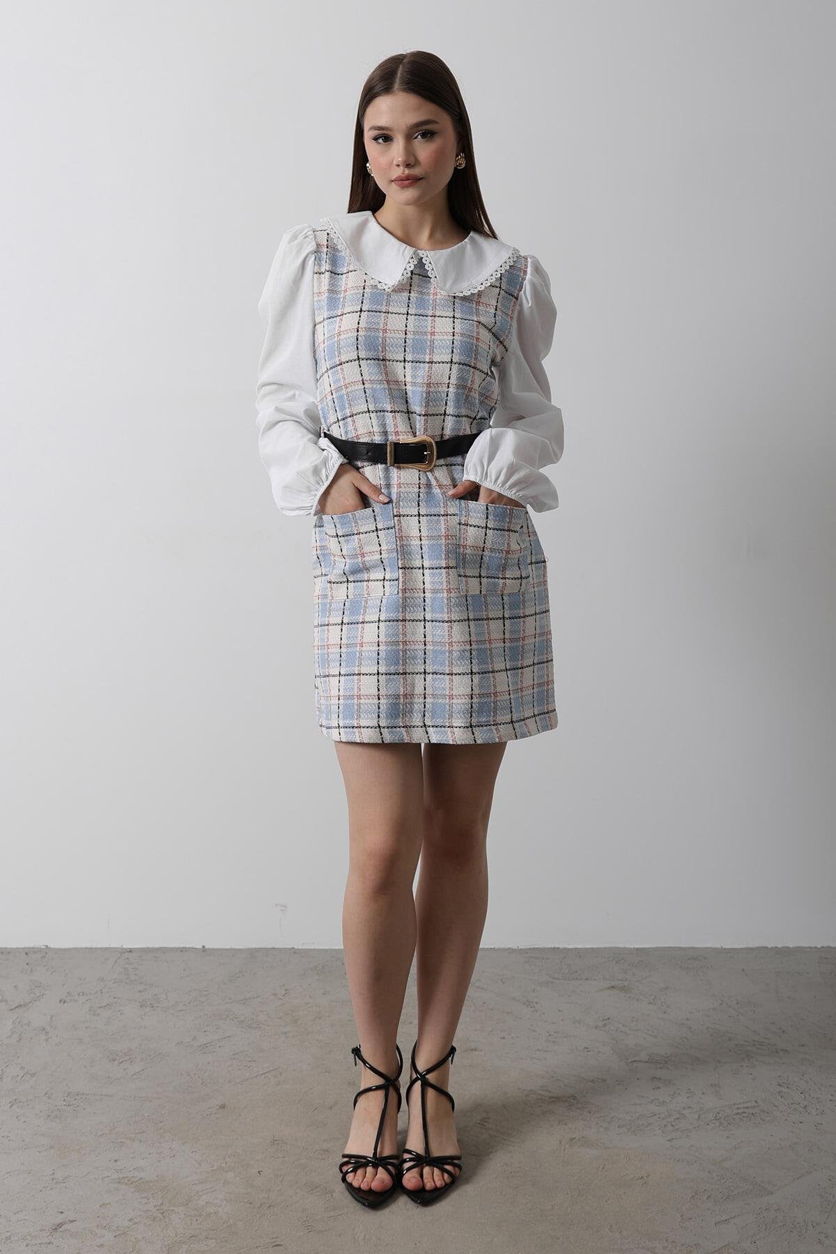 Ekoseli Bebe Yaka Mini Boy Kemerli Elbise