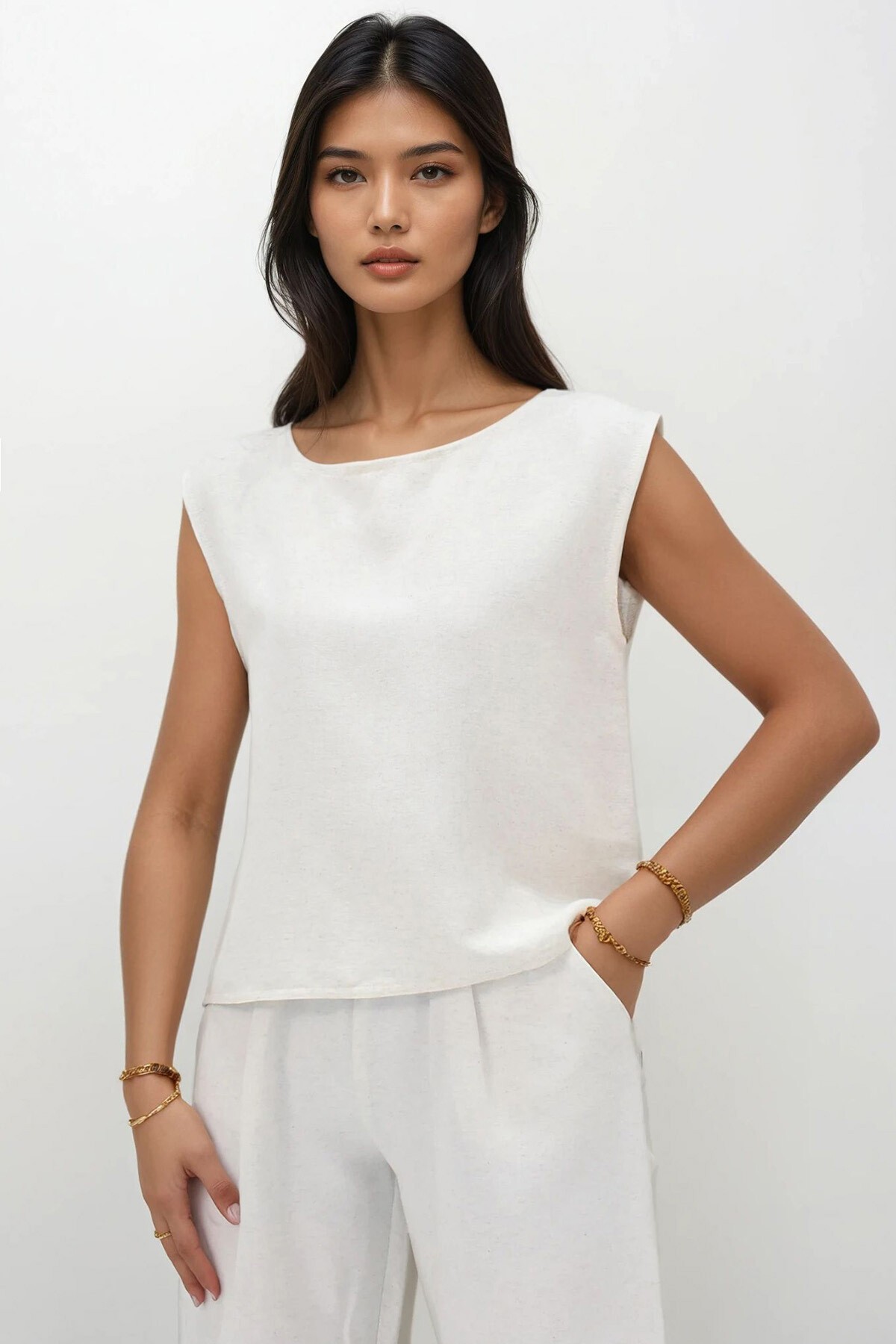 Ekru Bisiklet Yaka Kolsuz Keten Bluz