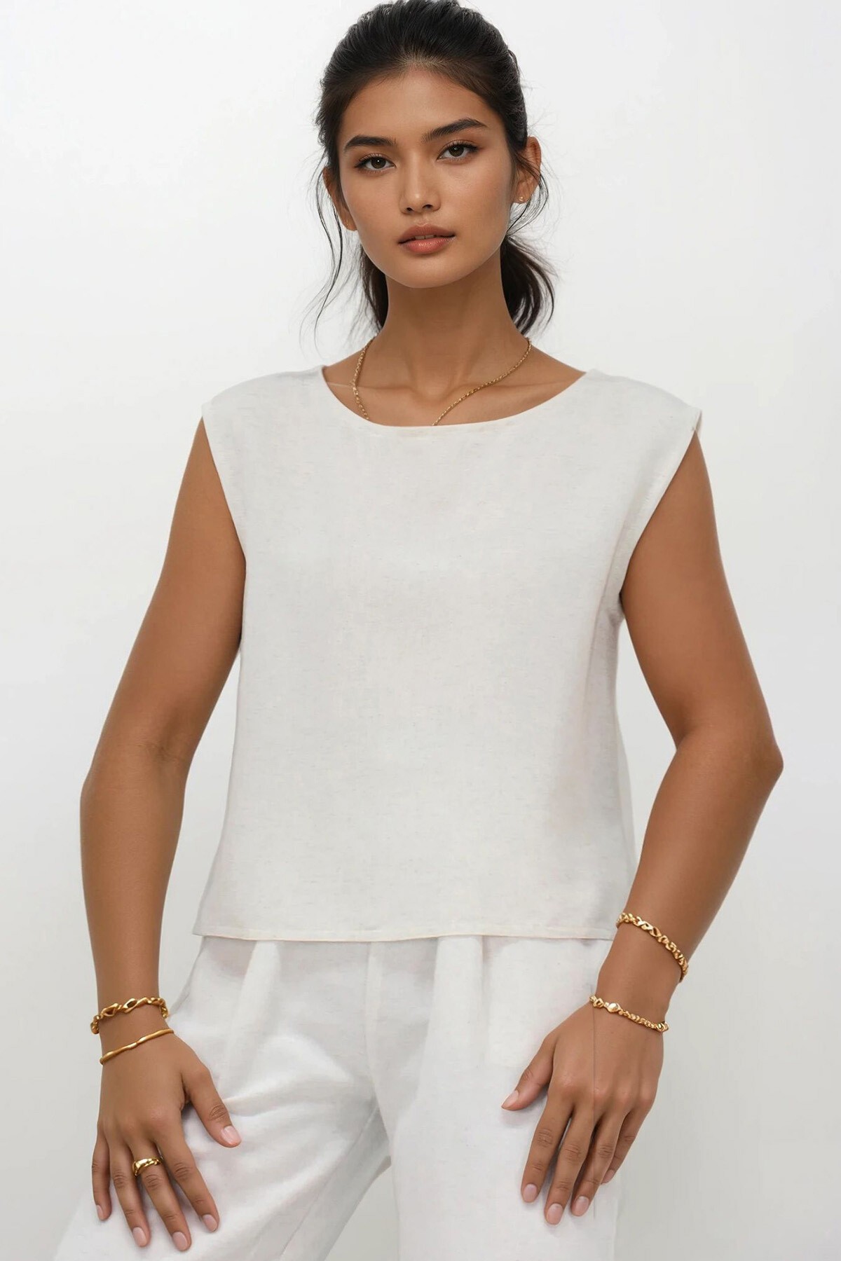 Ekru Bisiklet Yaka Kolsuz Keten Bluz