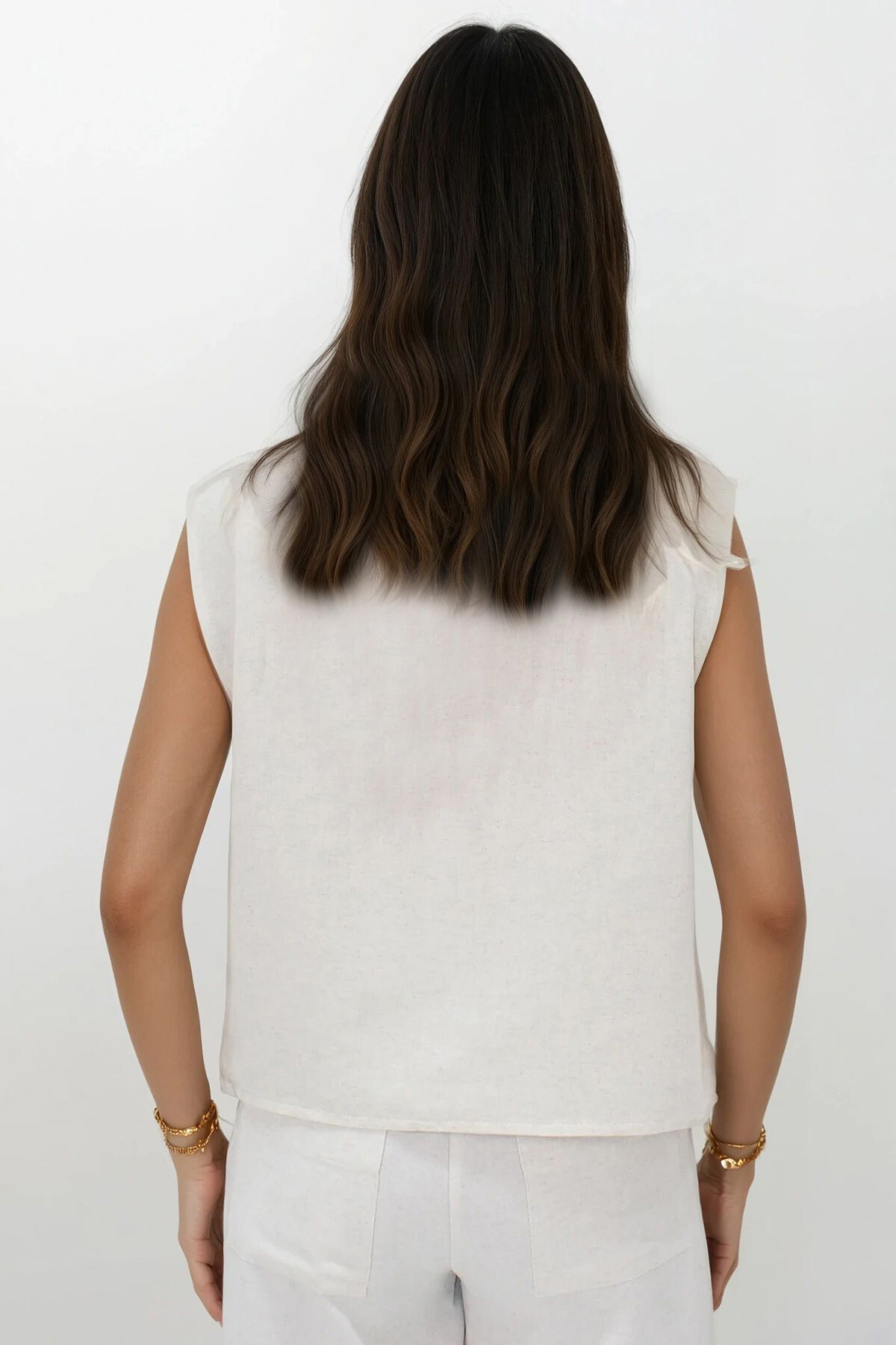 Ekru Bisiklet Yaka Kolsuz Keten Bluz