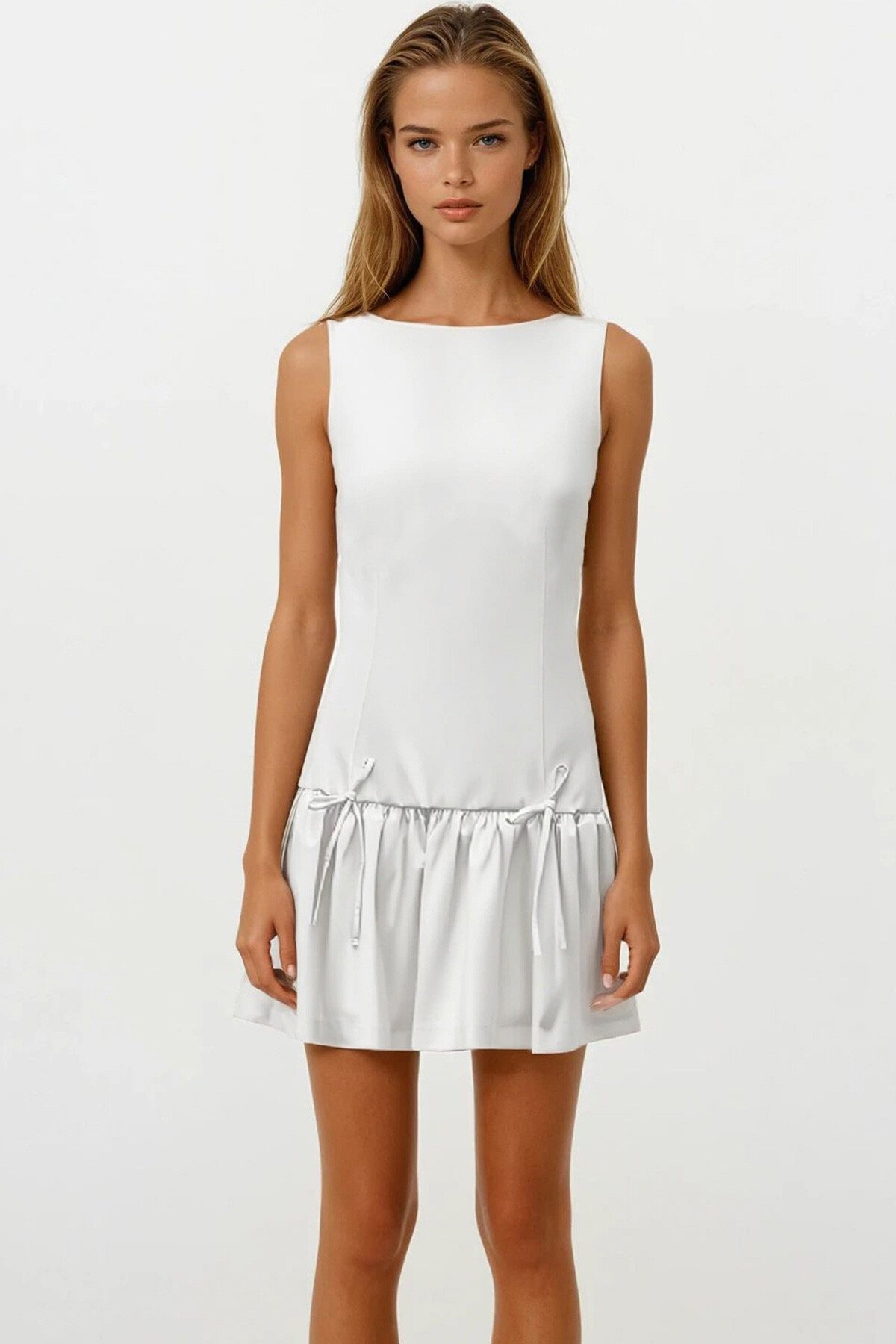 Ekru Eteği Pileli Bağcık Detaylı Kolsuz Fermuarlı Mini Dokuma Elbise