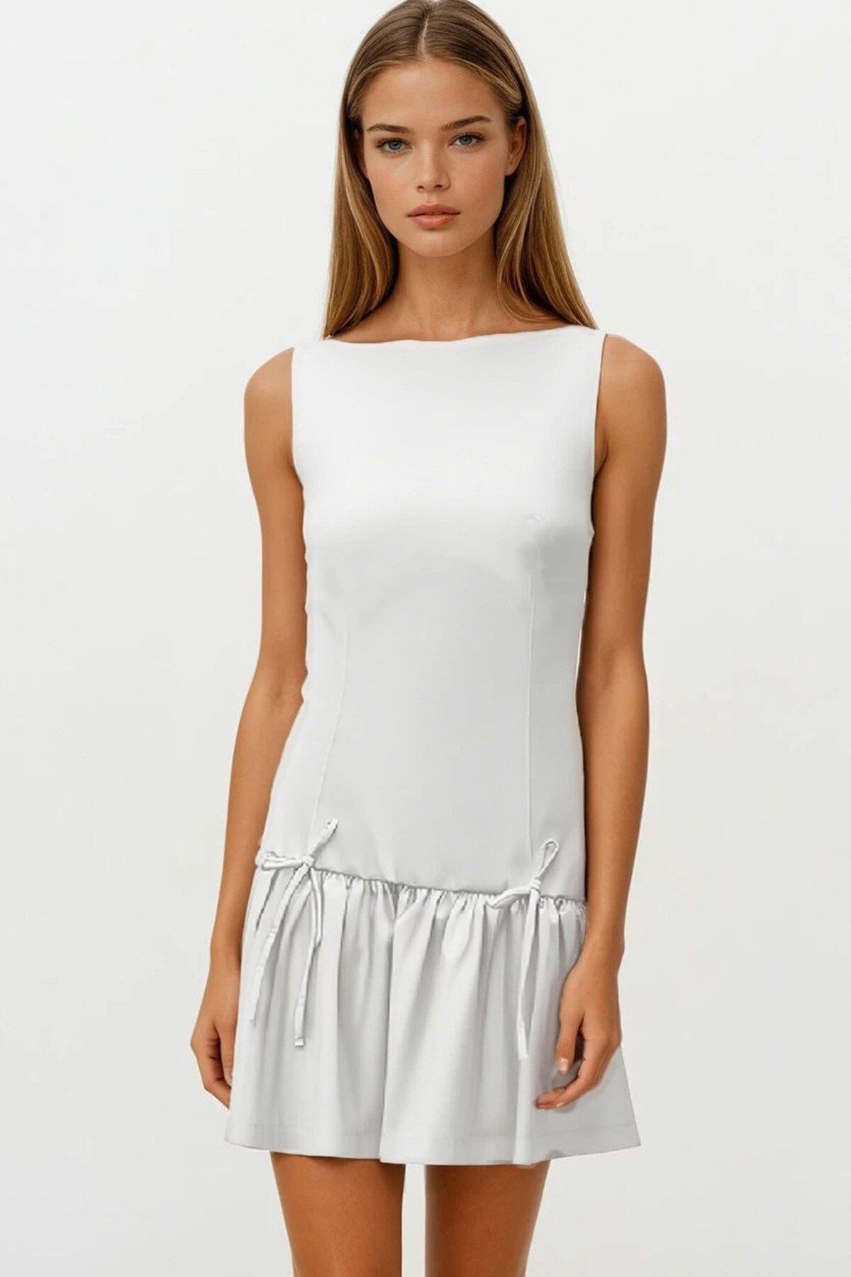 Ekru Eteği Pileli Bağcık Detaylı Kolsuz Fermuarlı Mini Dokuma Elbise