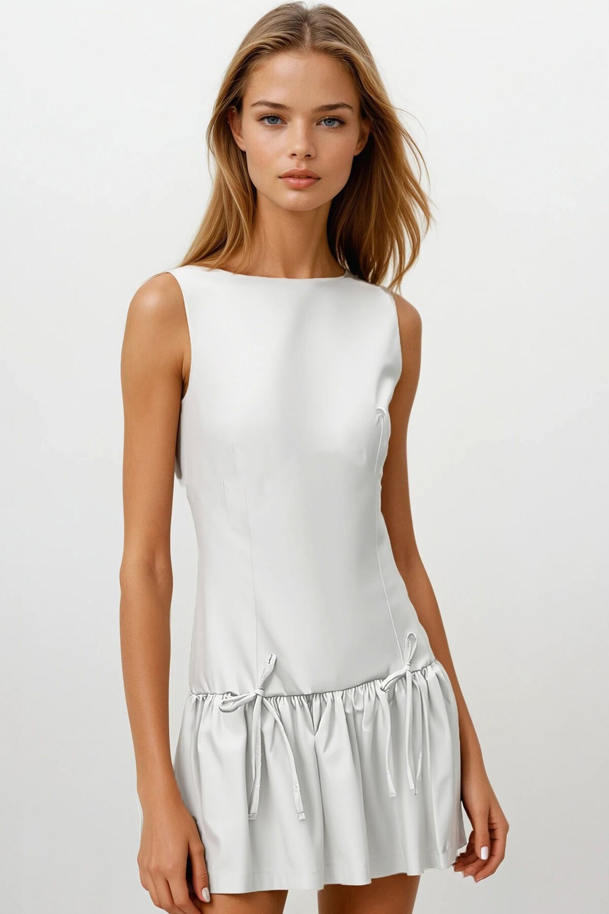 Ekru Eteği Pileli Bağcık Detaylı Kolsuz Fermuarlı Mini Dokuma Elbise