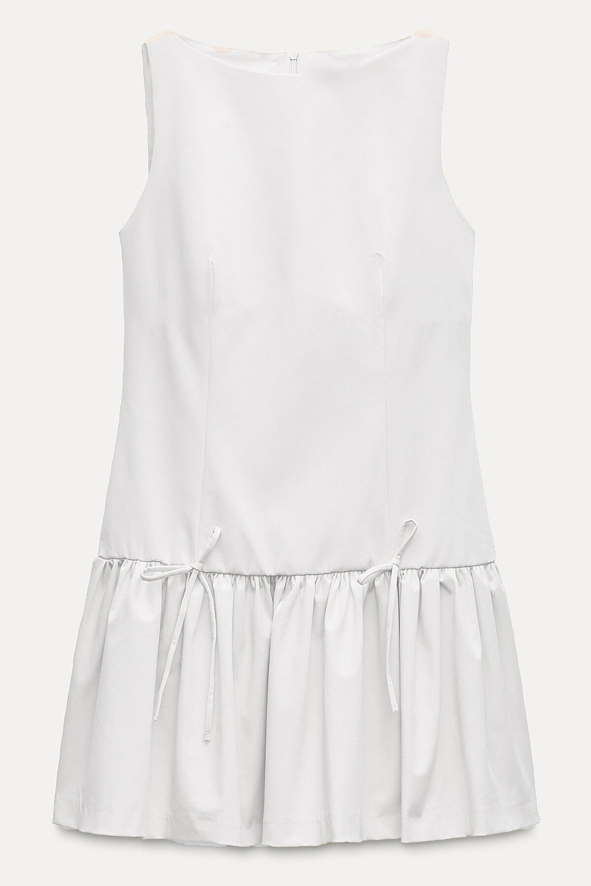 Ekru Eteği Pileli Bağcık Detaylı Kolsuz Fermuarlı Mini Dokuma Elbise