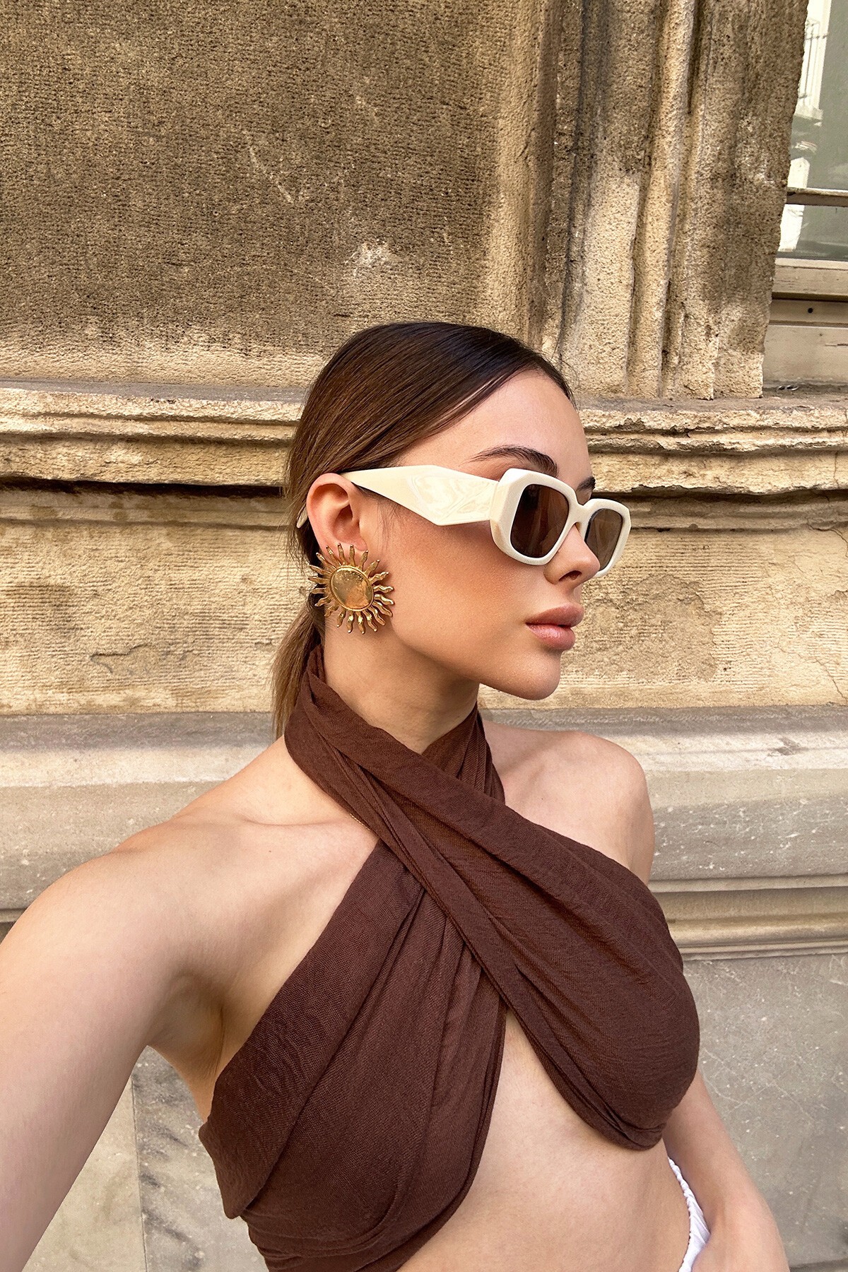 Ekru Kalın Saplı Kare Güneş Gözlüğü