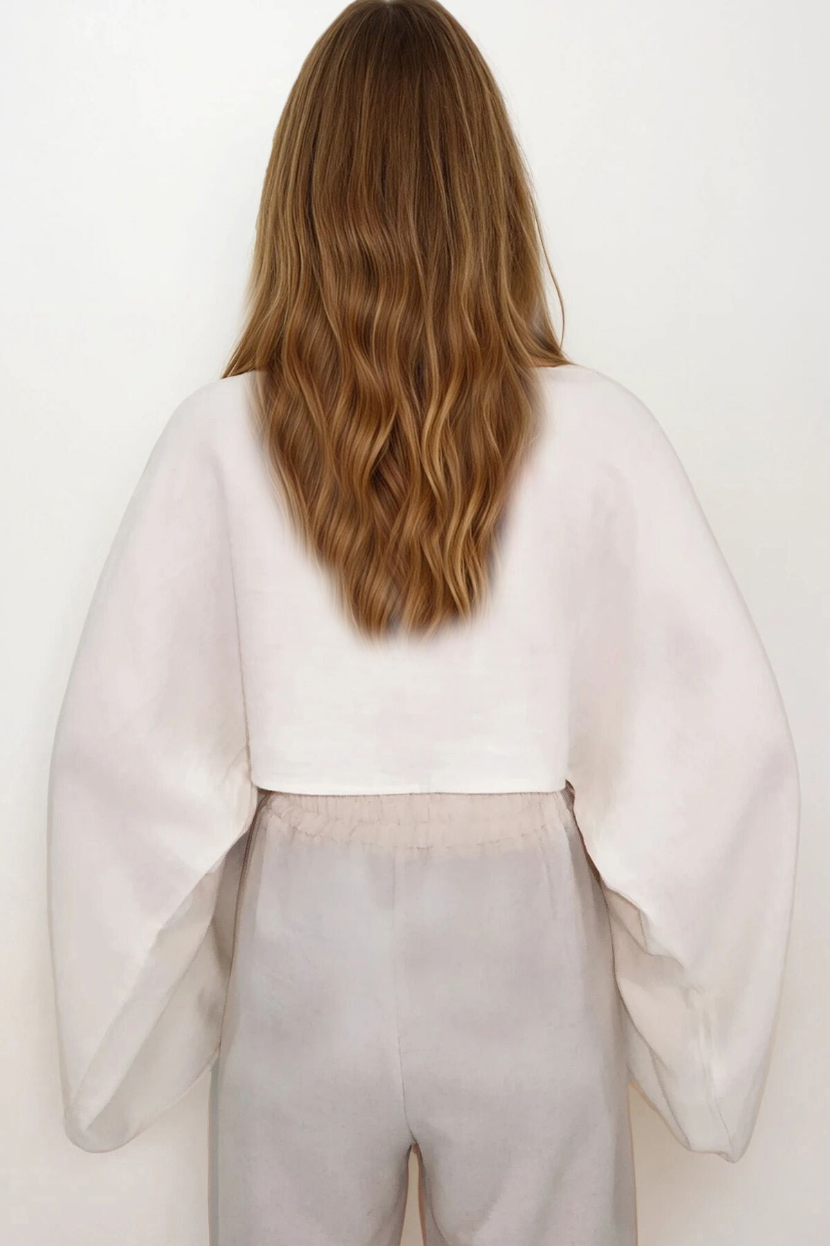 Ekru Kayık Yaka Yarsa Kollu Crop Müslin Bluz
