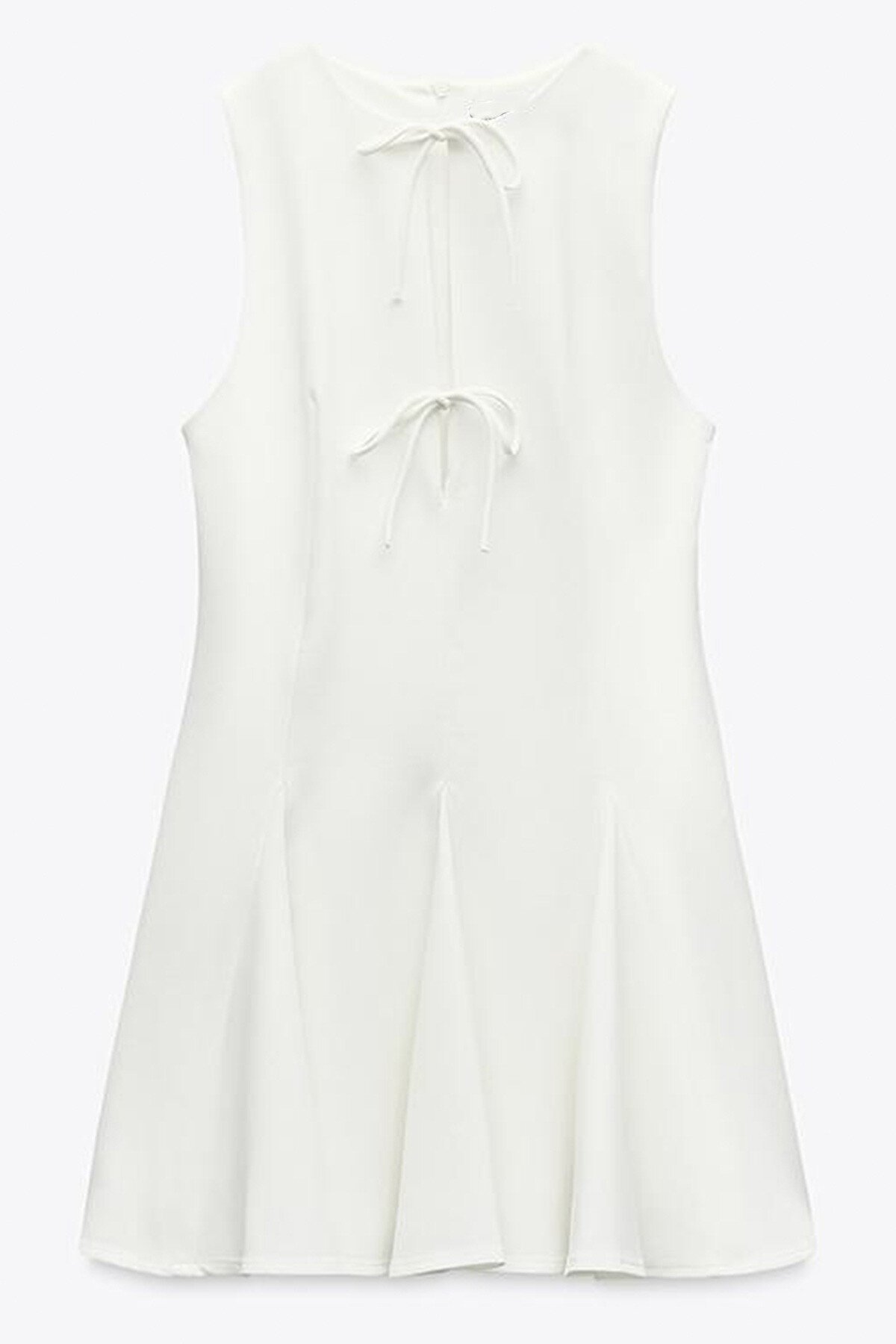 Ekru Kloş Etekli Bağlama Detaylı Kolsuz Fermuarlı Dokuma Elbise