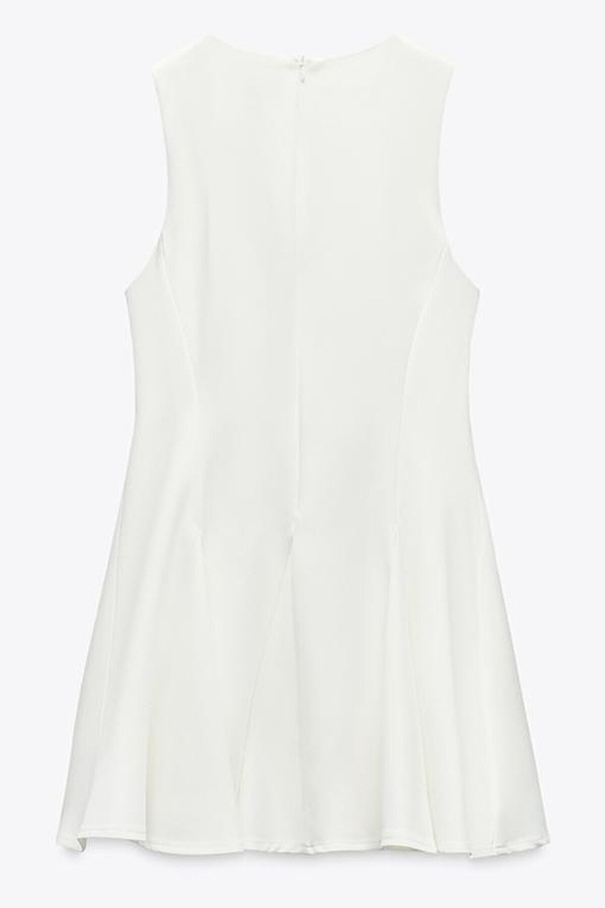 Ekru Kloş Etekli Bağlama Detaylı Kolsuz Fermuarlı Dokuma Elbise