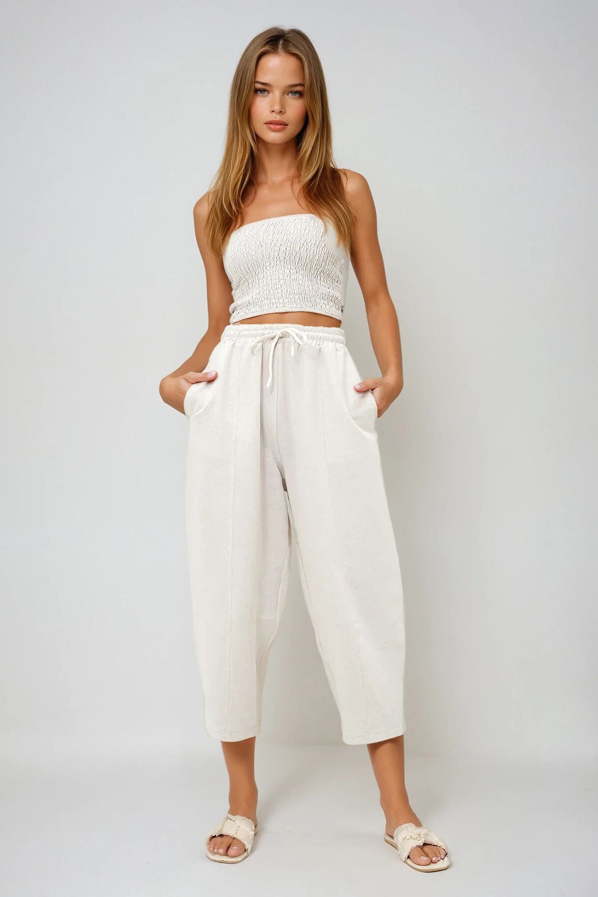 Ekru Önü Dikiş Detaylı 4 Cepli Şalvar Kesim Dokuma Keten Pantolon