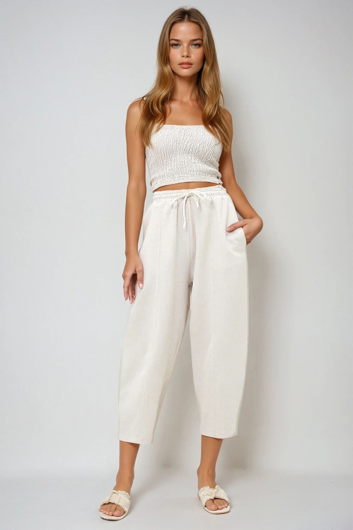 Ekru Önü Dikiş Detaylı 4 Cepli Şalvar Kesim Dokuma Keten Pantolon