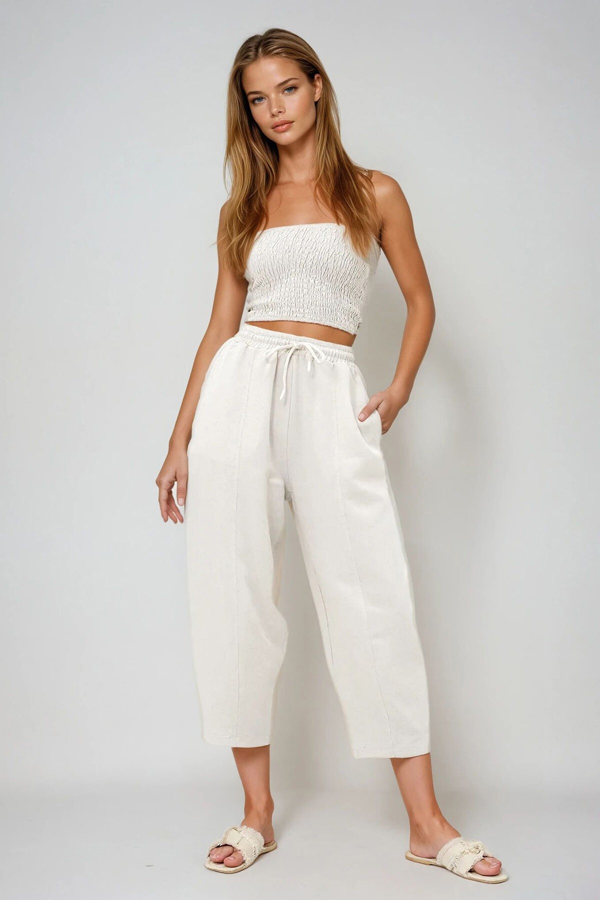 Ekru Önü Dikiş Detaylı 4 Cepli Şalvar Kesim Dokuma Keten Pantolon