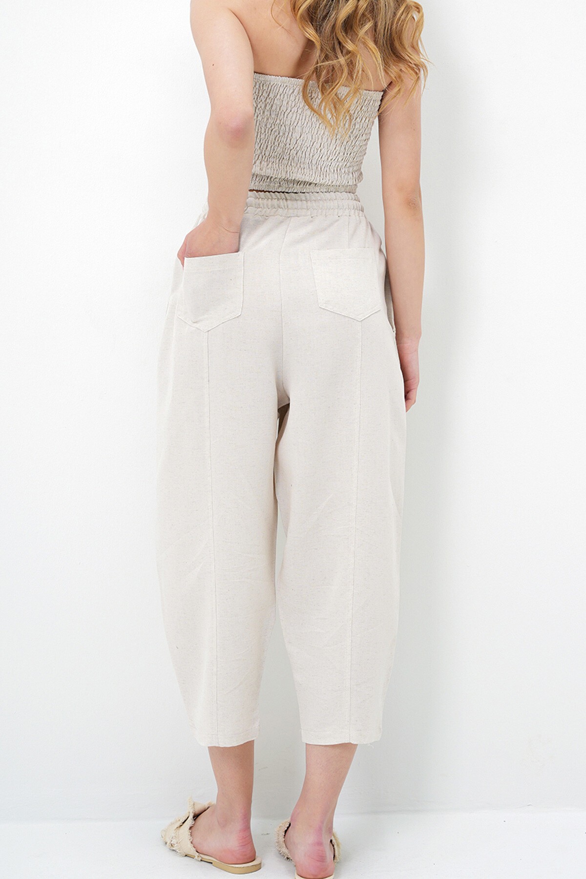 Ekru Önü Dikiş Detaylı 4 Cepli Şalvar Kesim Dokuma Keten Pantolon