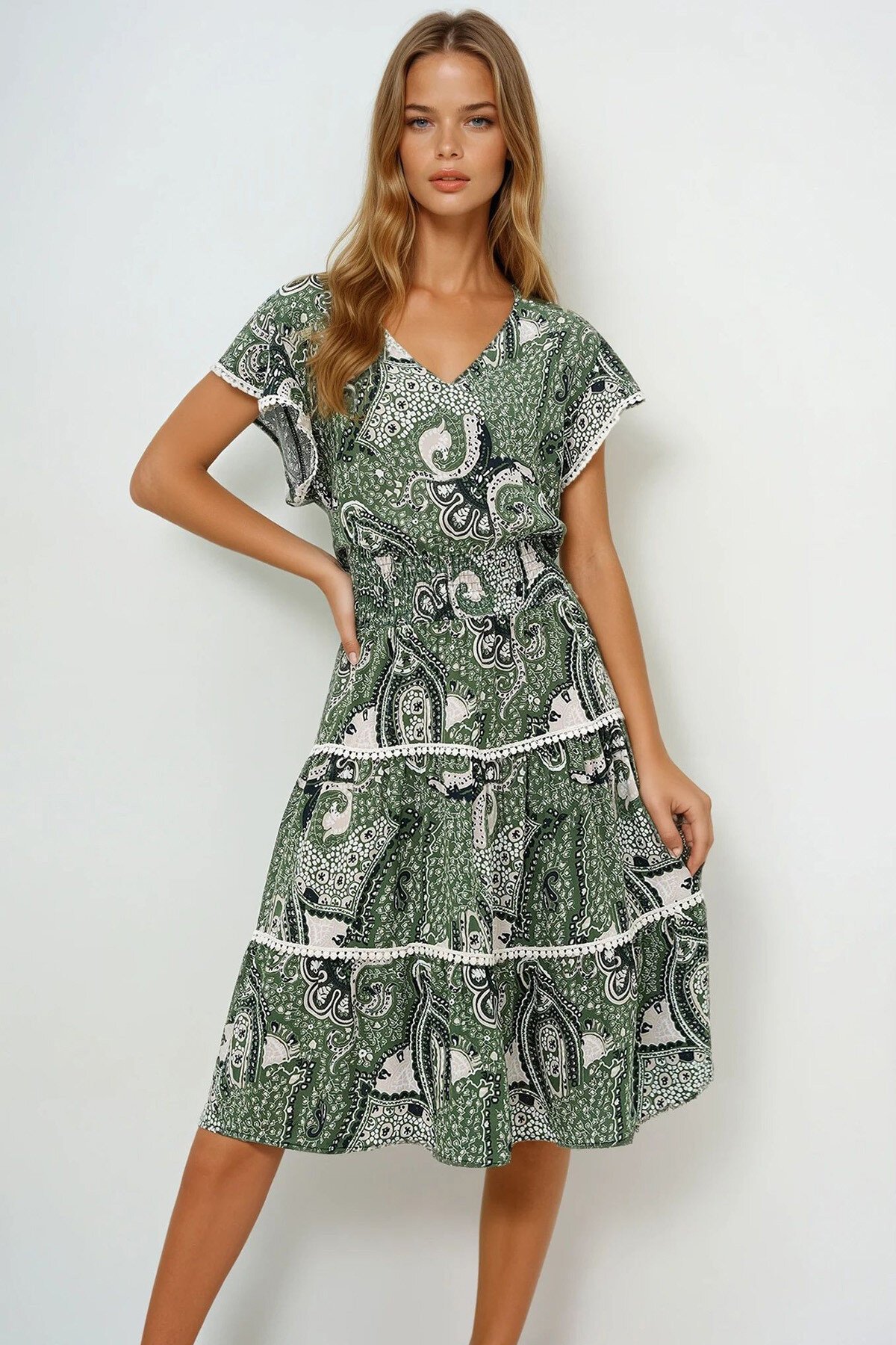 Ekru Yeşil V Yaka Etnik Desenli Fisto Detaylı Beli Gipeli Dokuma Elbise