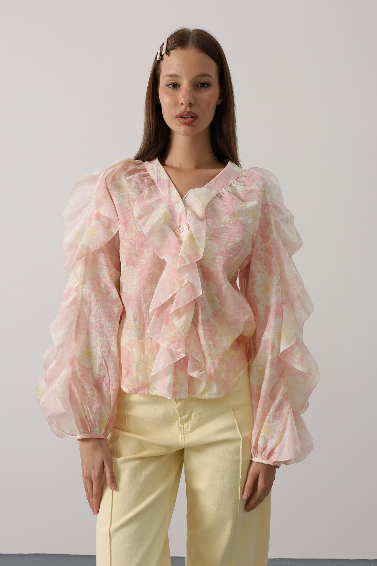 Pembe Fırfırlı Çıcek Desen Uzun Kol Gömlek