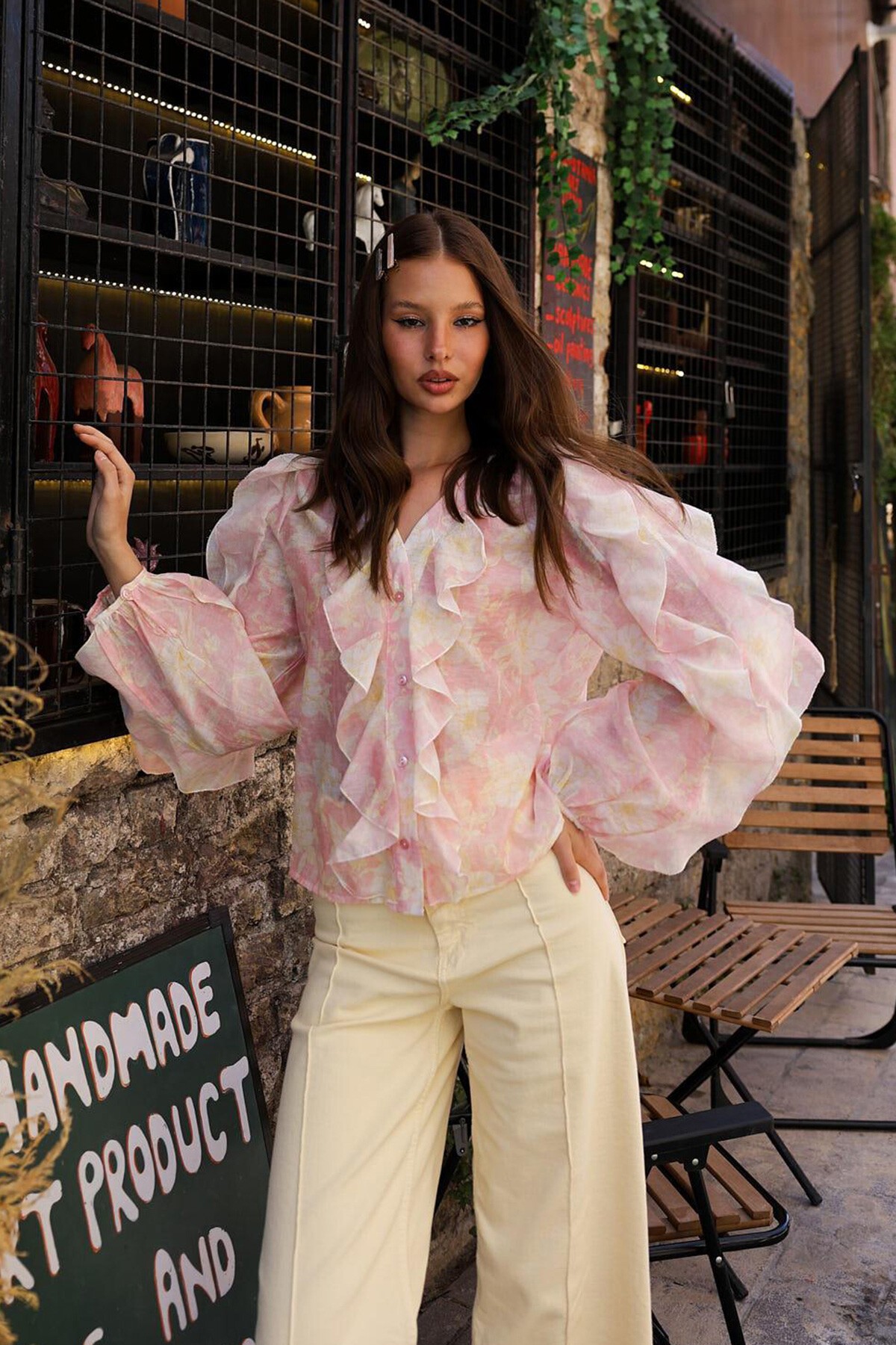 Pembe Fırfırlı Çıcek Desen Uzun Kol Gömlek