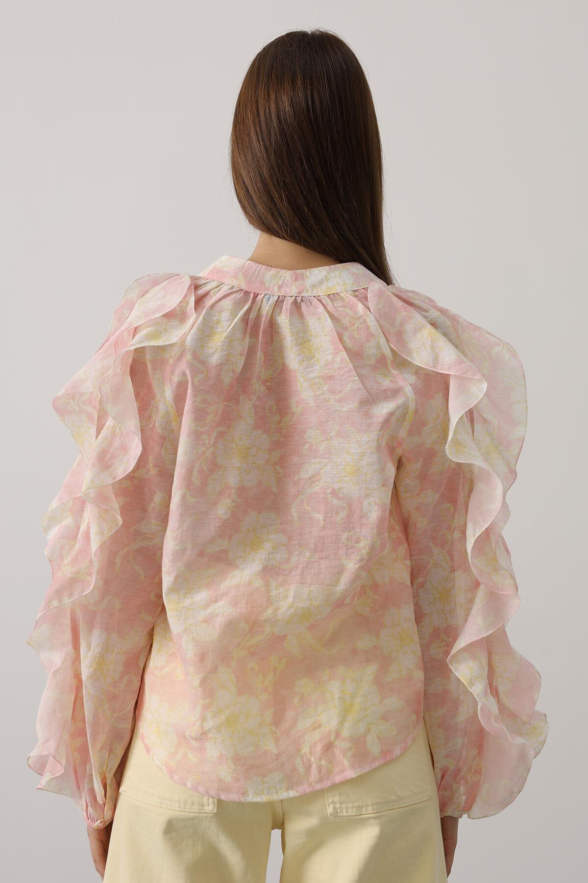 Pembe Fırfırlı Çıcek Desen Uzun Kol Gömlek