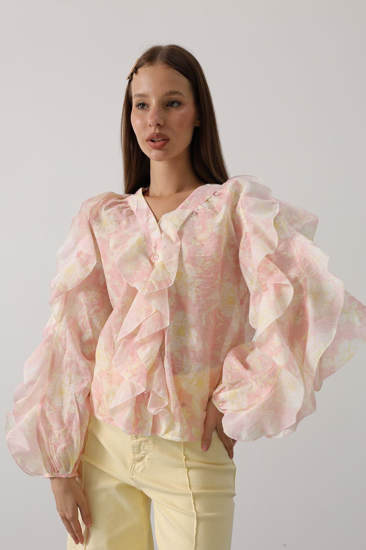 Pembe Fırfırlı Çıcek Desen Uzun Kol Gömlek