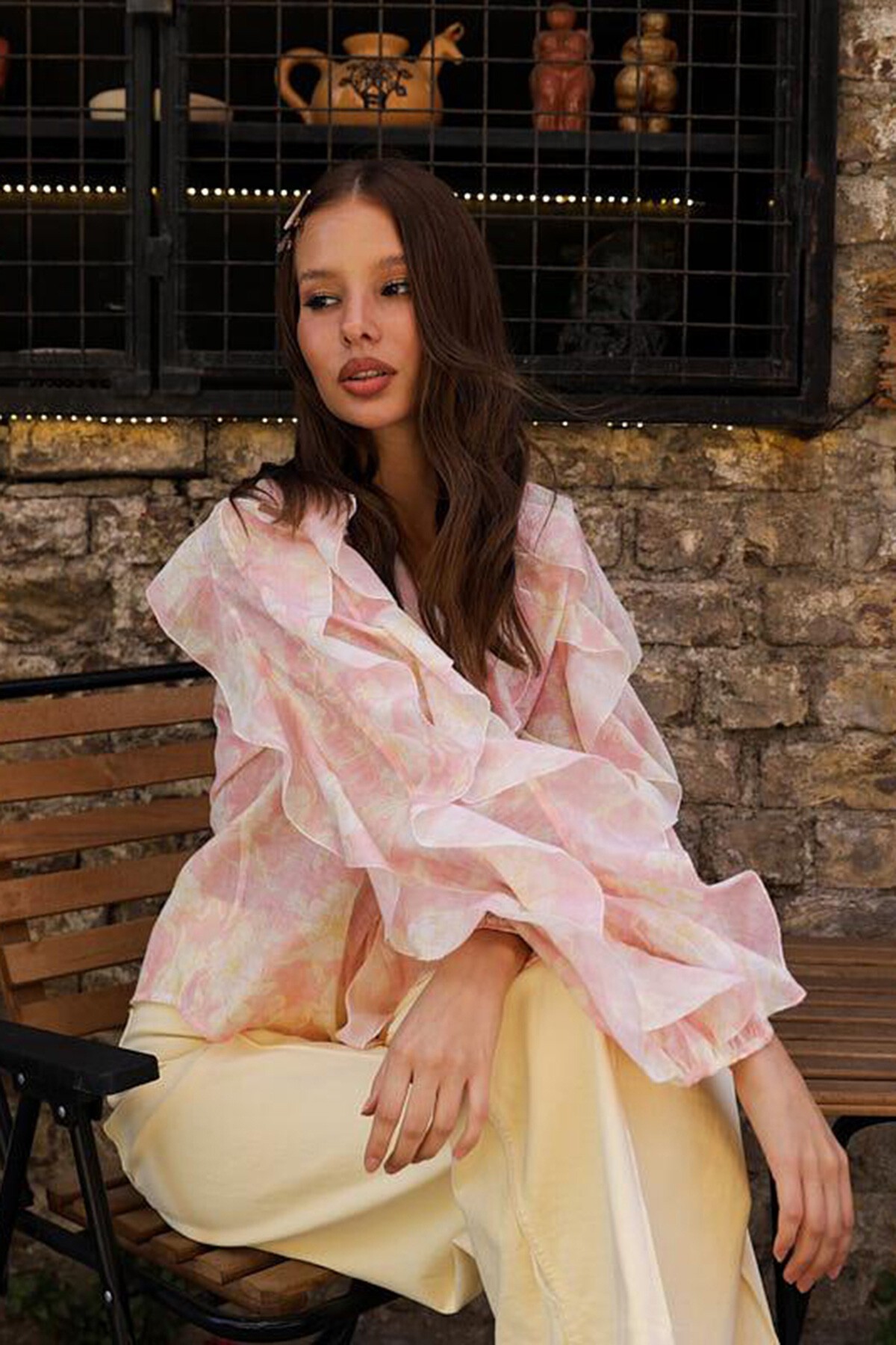 Pembe Fırfırlı Çıcek Desen Uzun Kol Gömlek