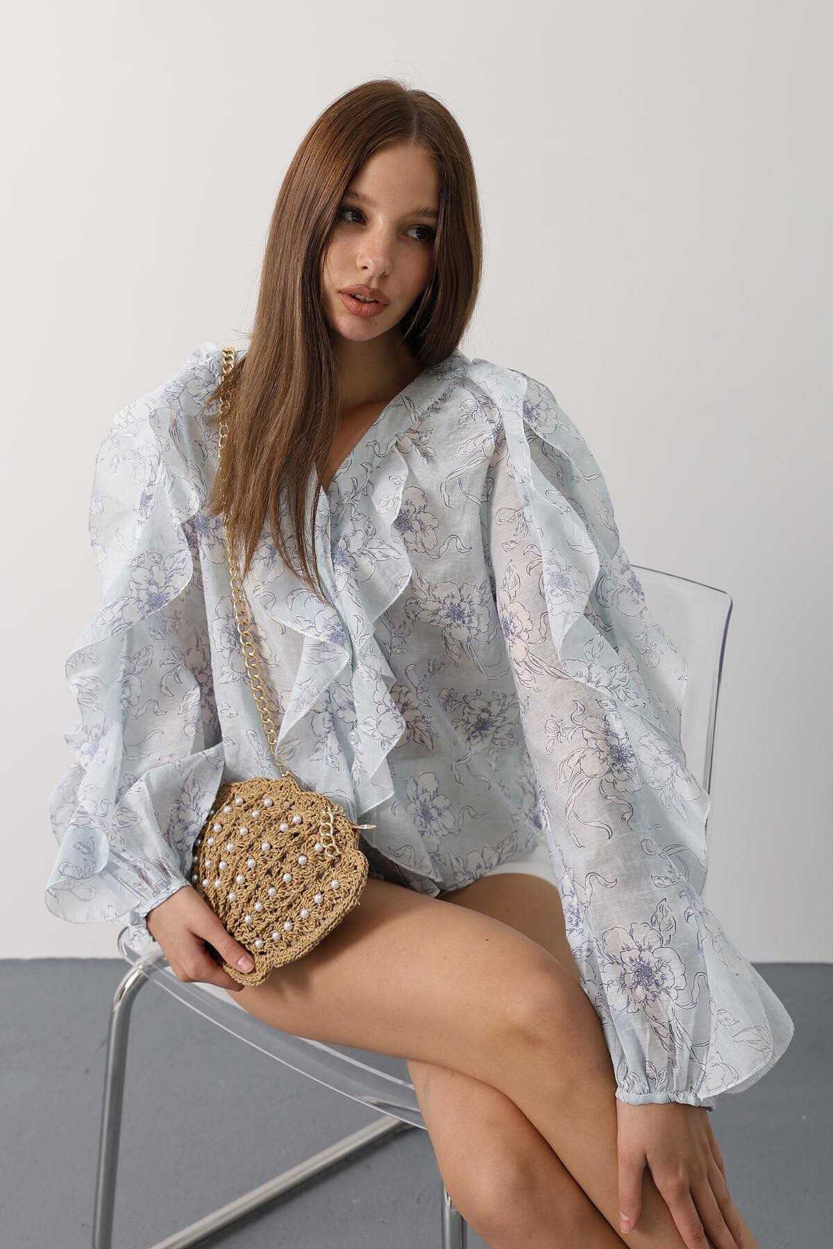 Saks Fırfırlı Çıcek Desen Uzun Kol Gömlek