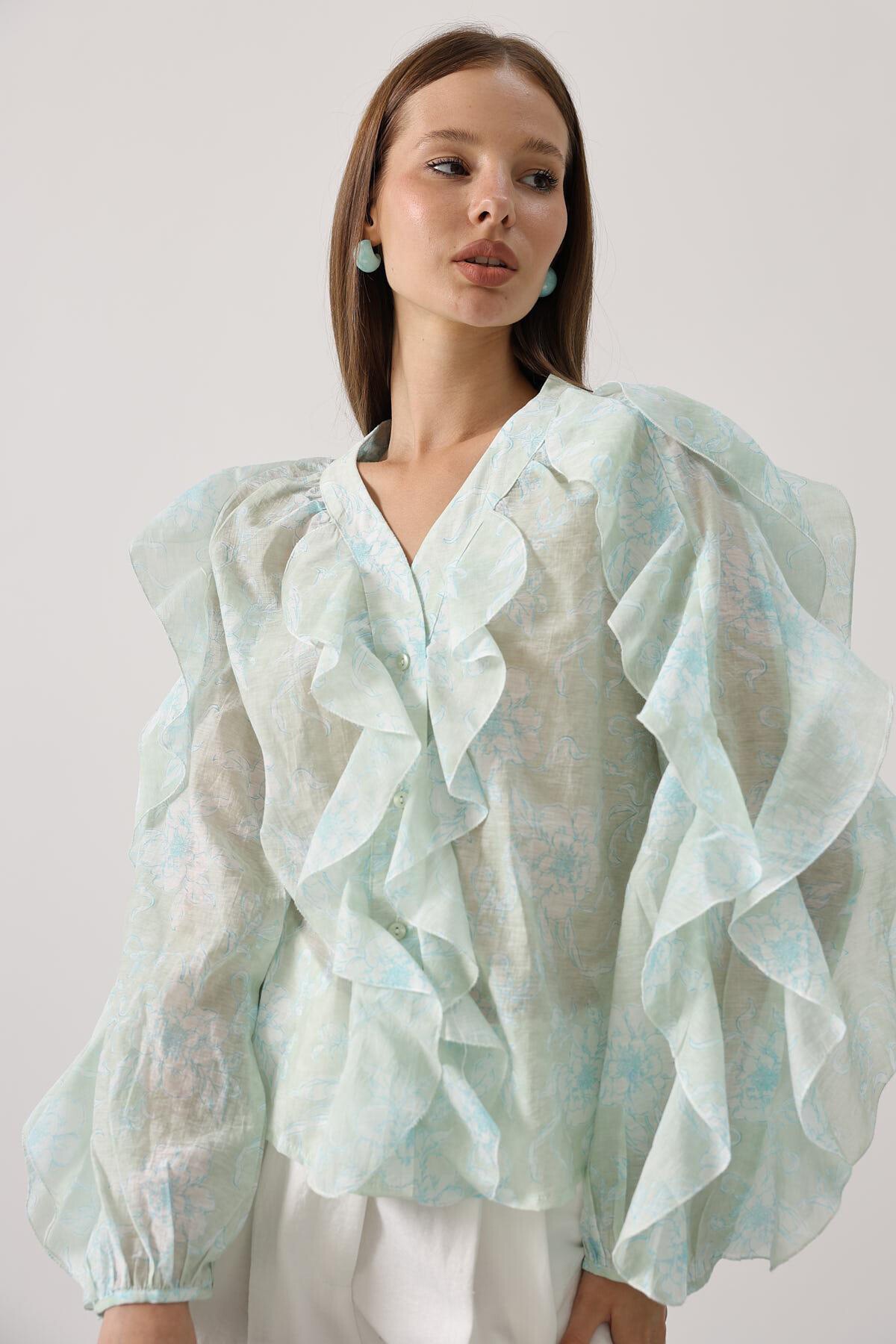 Yeşil Fırfırlı Çıcek Desen Uzun Kol Gömlek