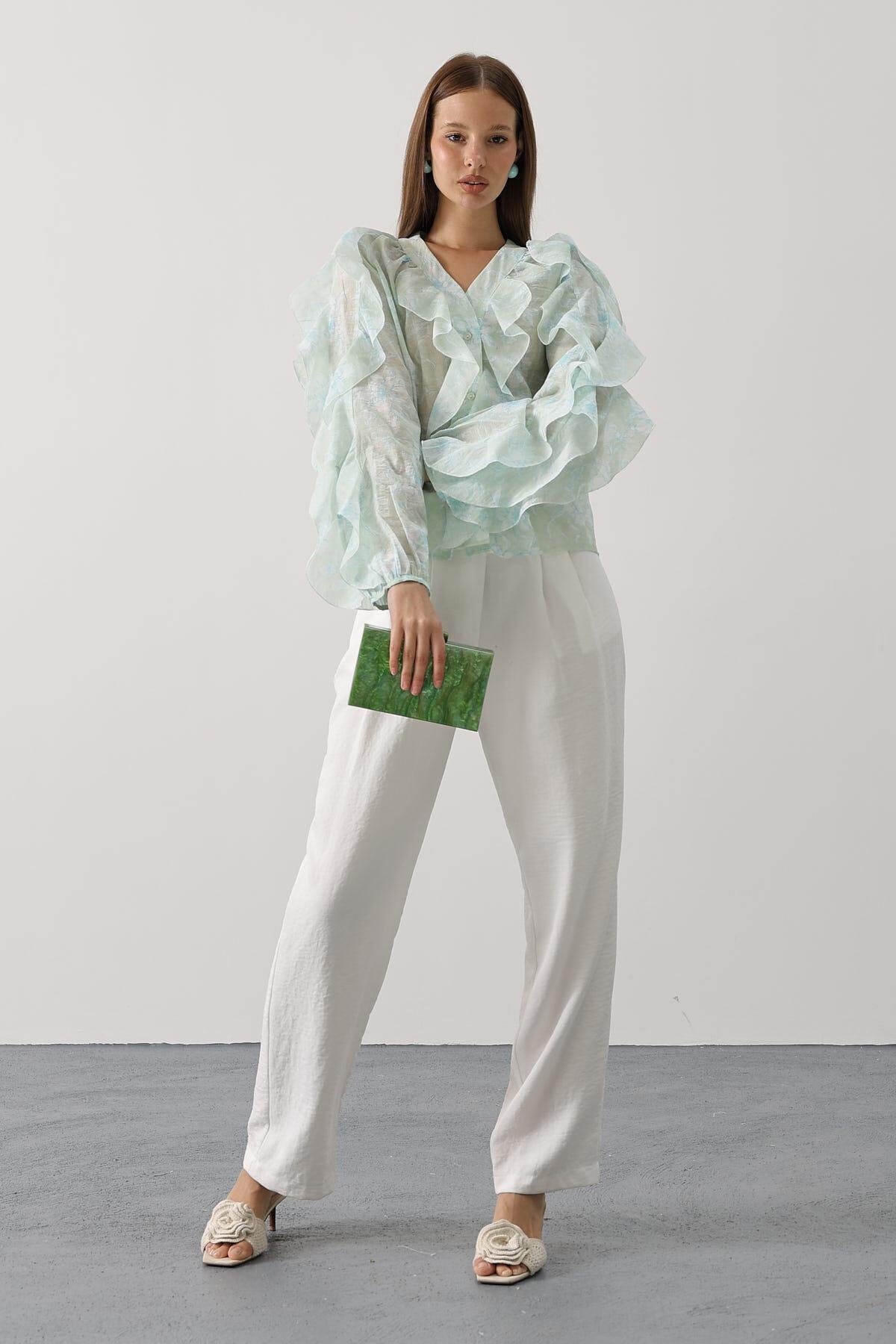 Yeşil Fırfırlı Çıcek Desen Uzun Kol Gömlek