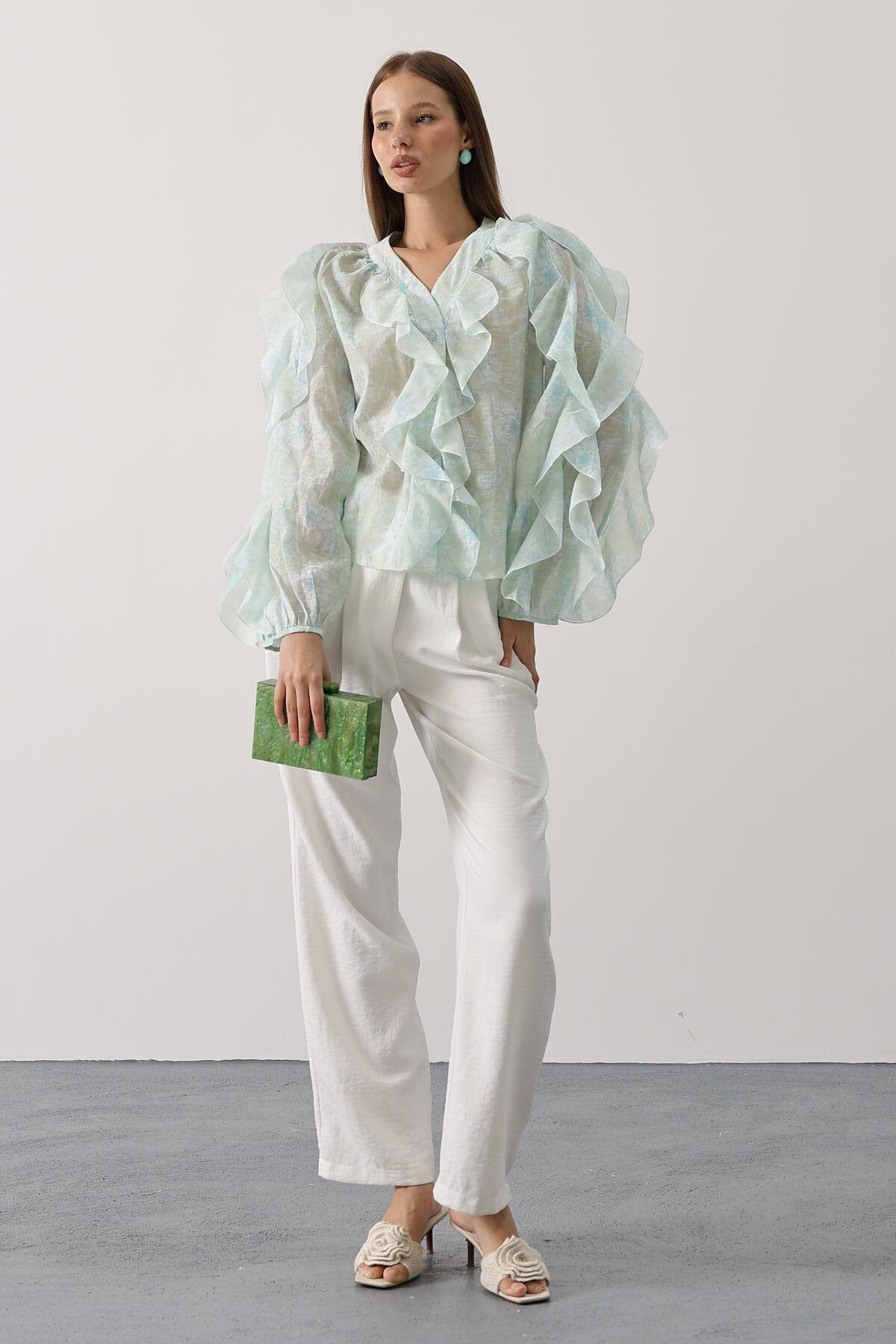 Yeşil Fırfırlı Çıcek Desen Uzun Kol Gömlek