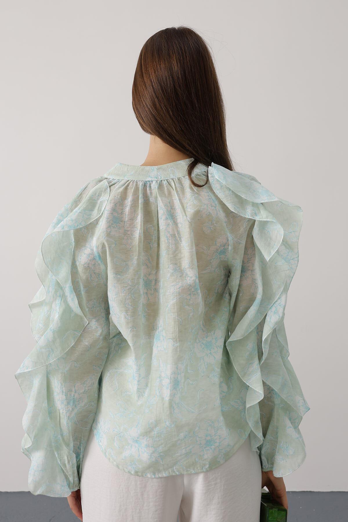 Yeşil Fırfırlı Çıcek Desen Uzun Kol Gömlek