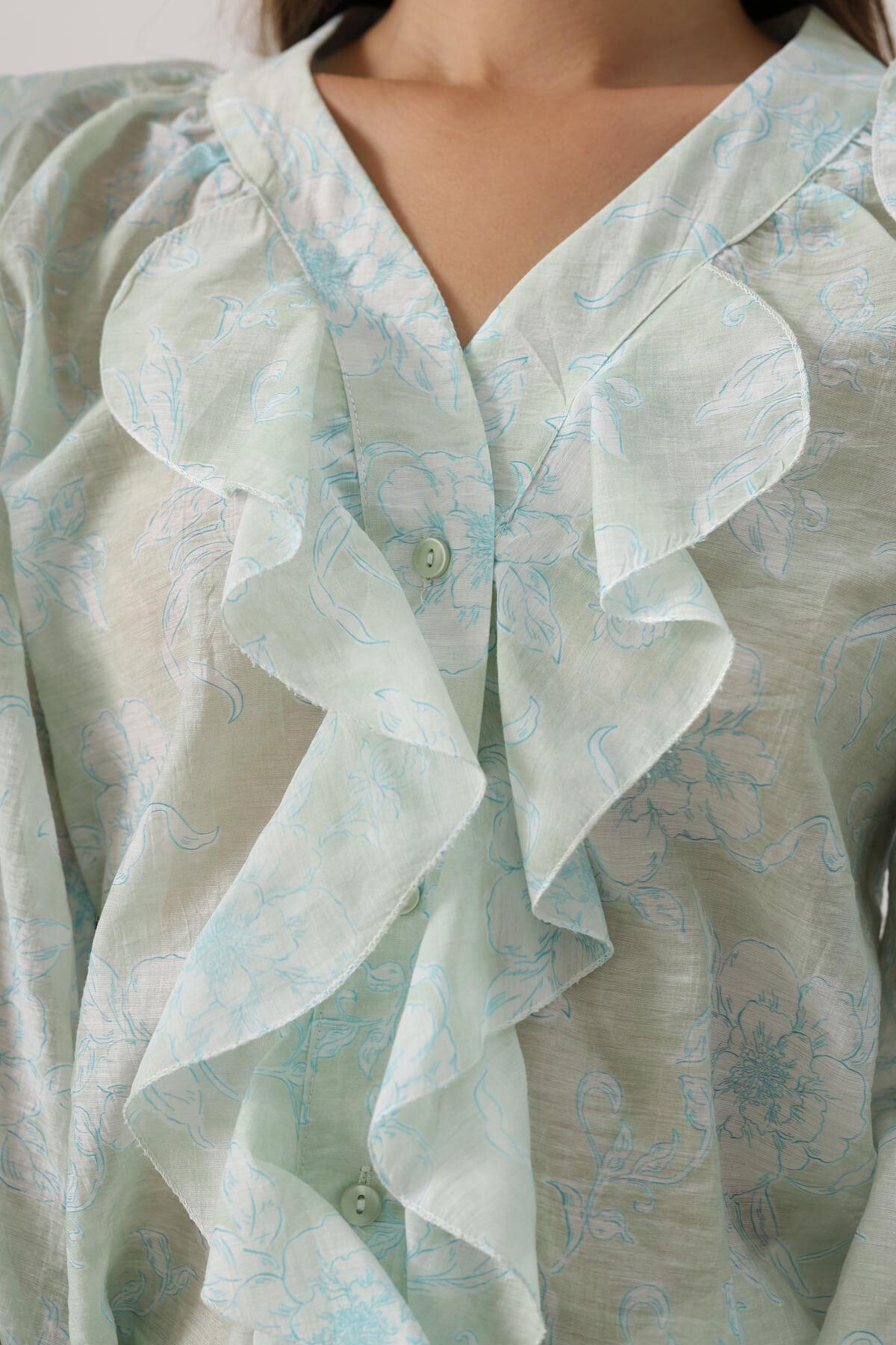 Yeşil Fırfırlı Çıcek Desen Uzun Kol Gömlek