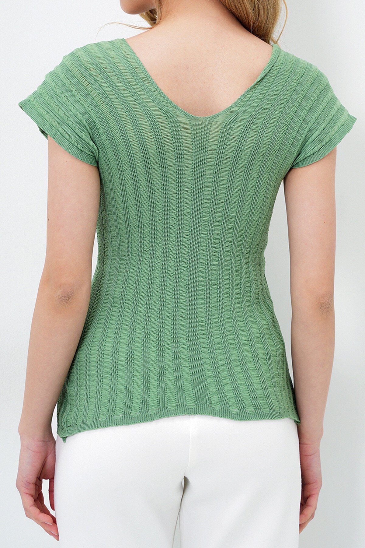 Fıstık Yeşili Ön Arka V Yaka Ajurlu Yazlık Triko Bluz