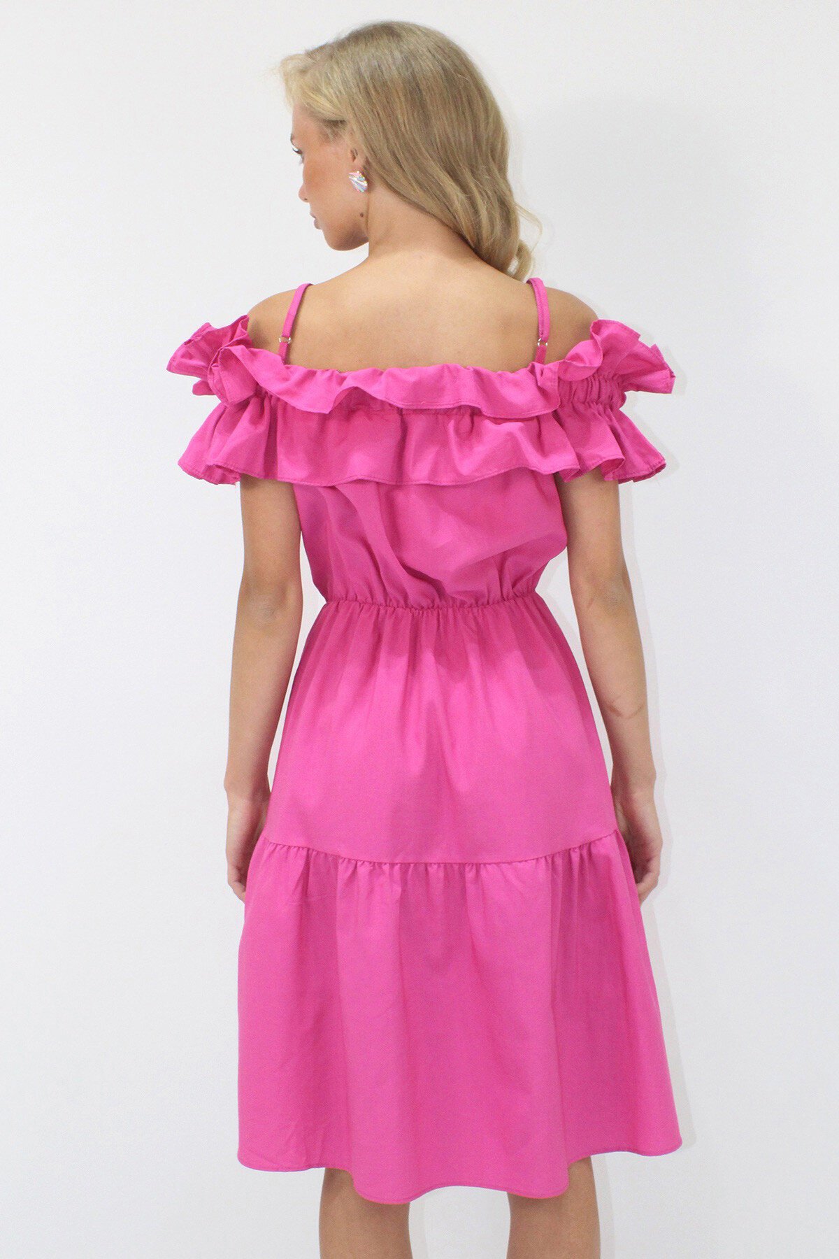 Fuşya Ayarlanabilir Askılı Madonna Yaka Çift Cepli Kat Kat Volanlı Poplin Mini Elbise