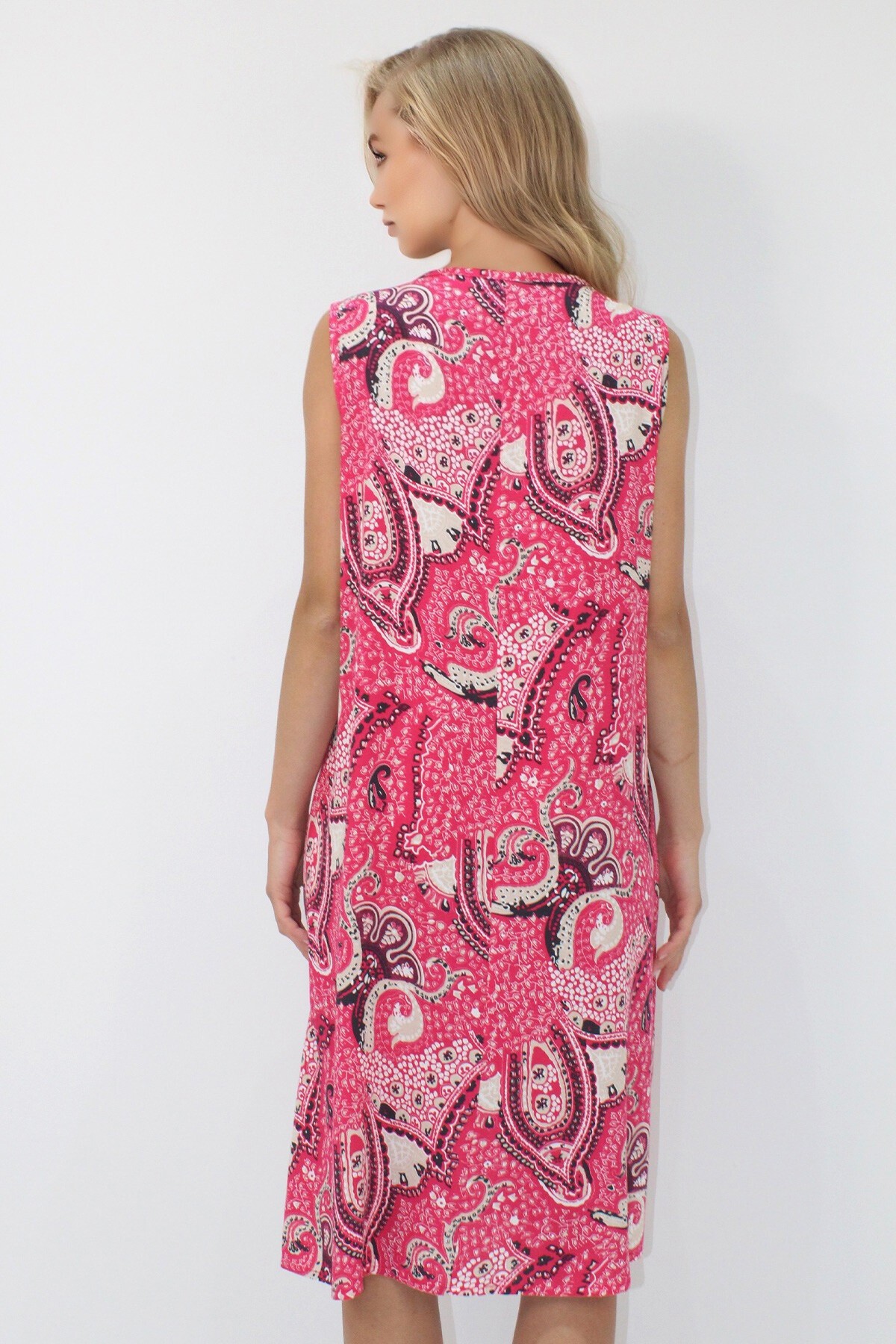 Fuşya Bisiklet Yaka Bağlama Detaylı Desenli Çift Cepli Dokuma Viskon Elbise