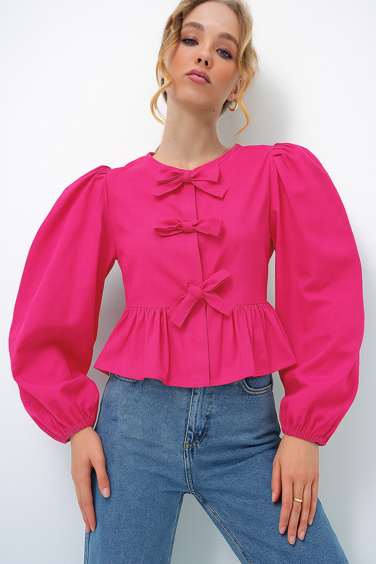 Fuşya Bisiklet Yaka Fiyonk Bağlamalı Prenses Kol Poplin Bluz