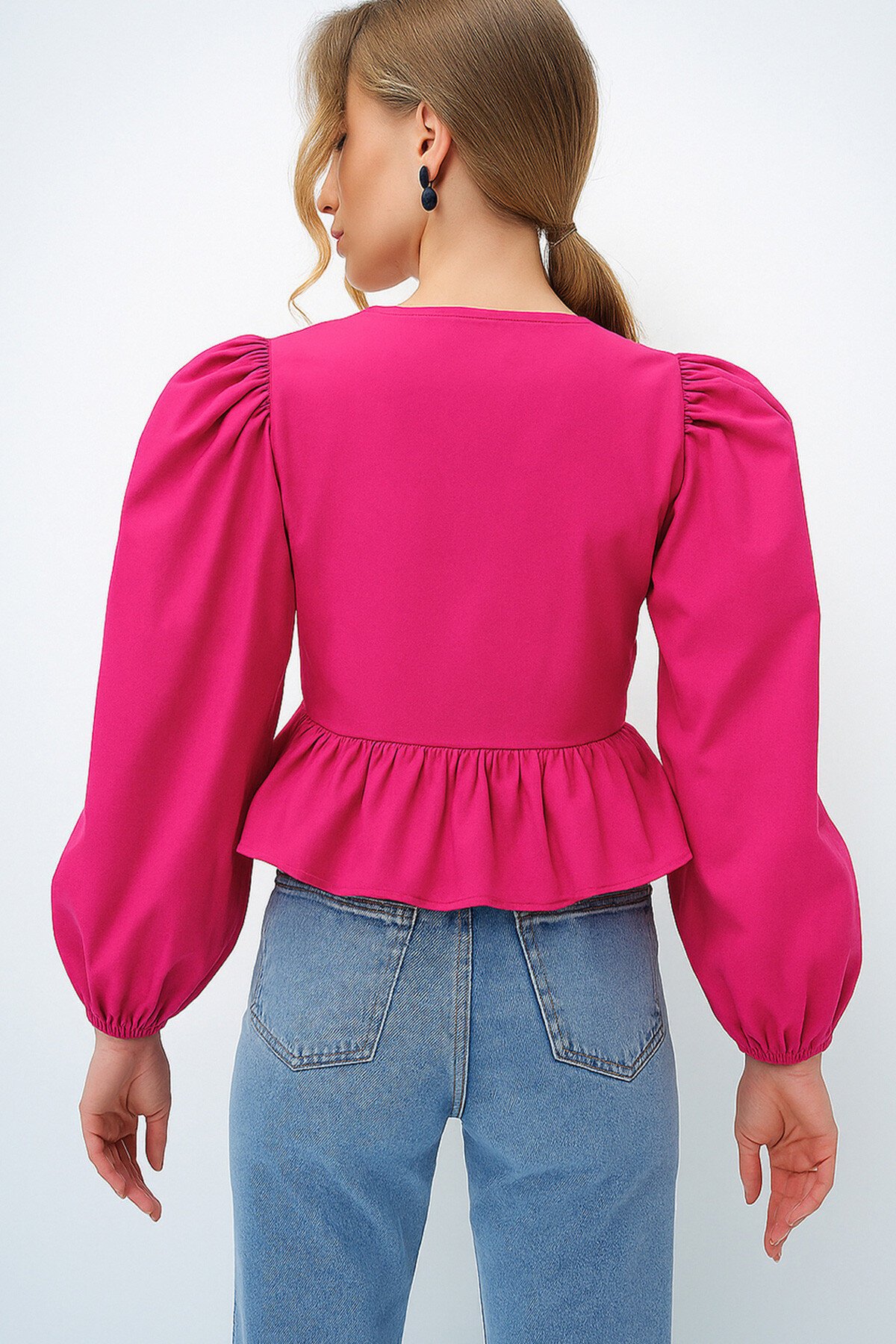 Fuşya Bisiklet Yaka Fiyonk Bağlamalı Prenses Kol Poplin Bluz