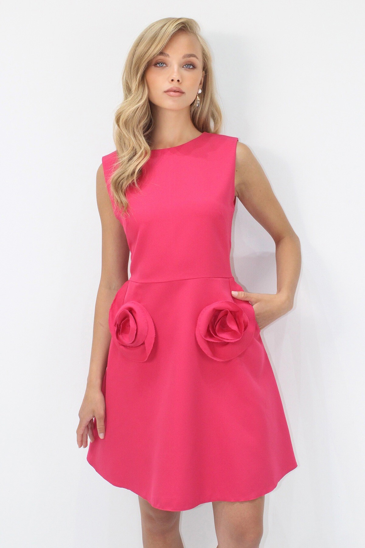 Fuşya Cep Detaylı Sırtı Fermuarlı Kolsuz Dokuma Elbise