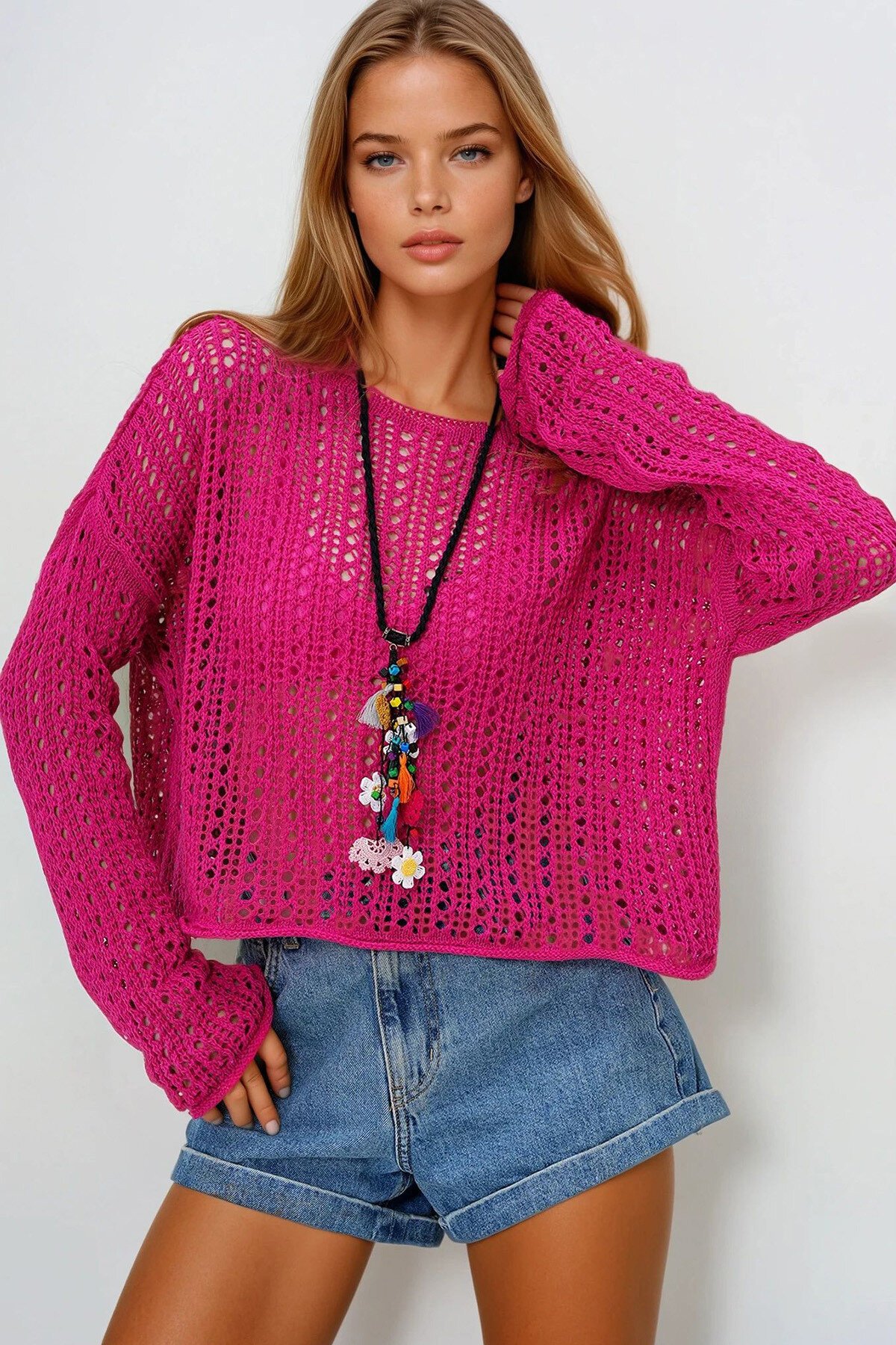 Fuşya Kayık Yaka Delik Ajurlu Triko Yazlık Bluz