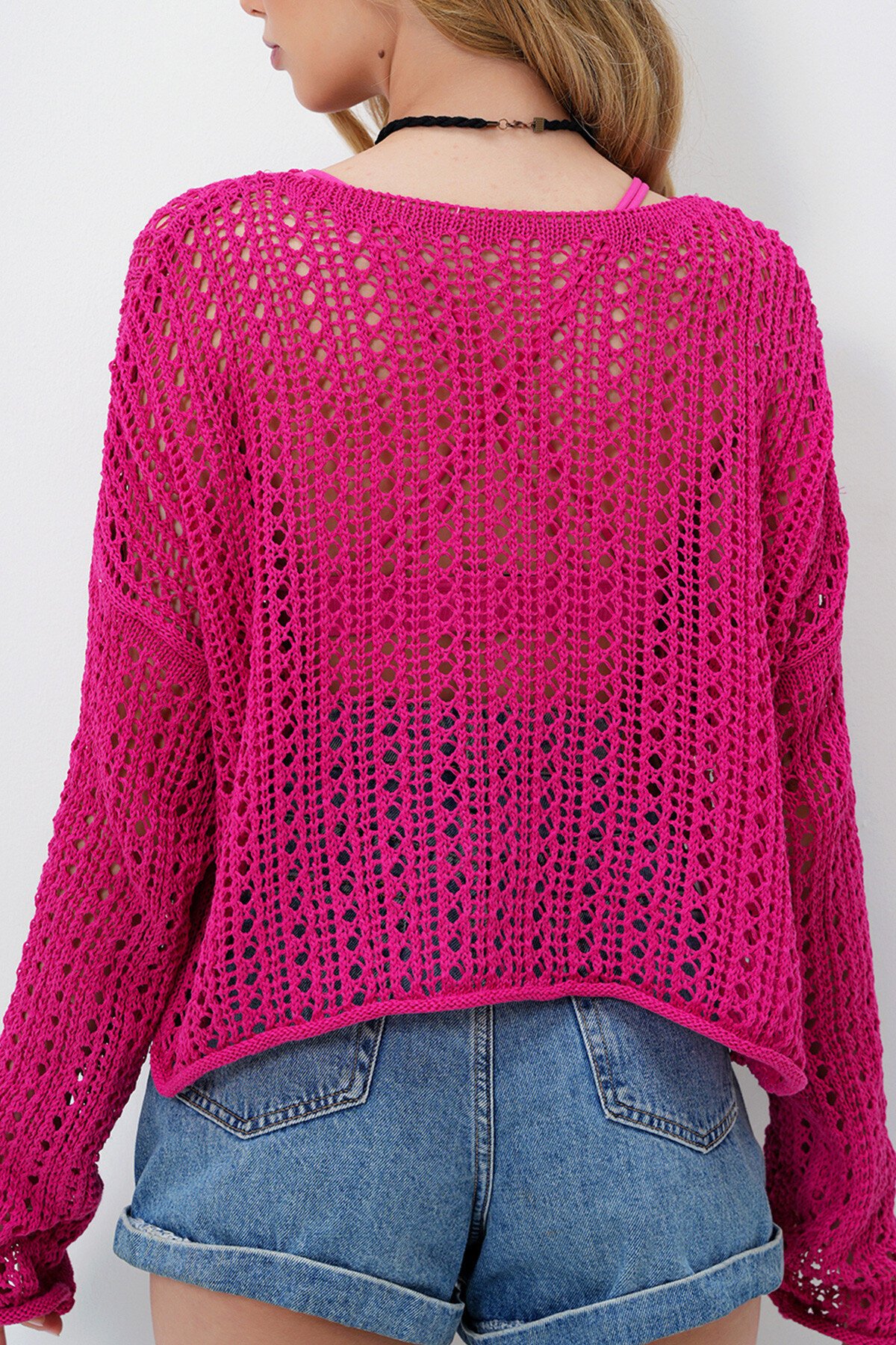 Fuşya Kayık Yaka Delik Ajurlu Triko Yazlık Bluz