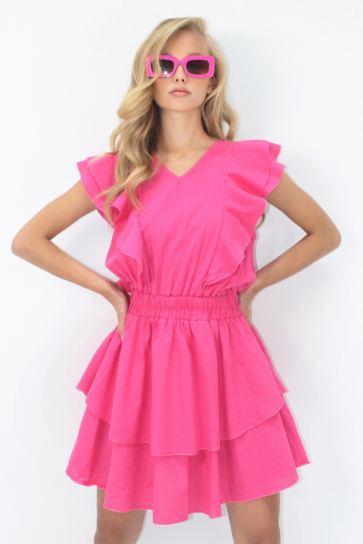 Fuşya V Yaka Fırfır Detaylı Eteği Kat Kat Volanlı Flamlı Keten Mini Elbise