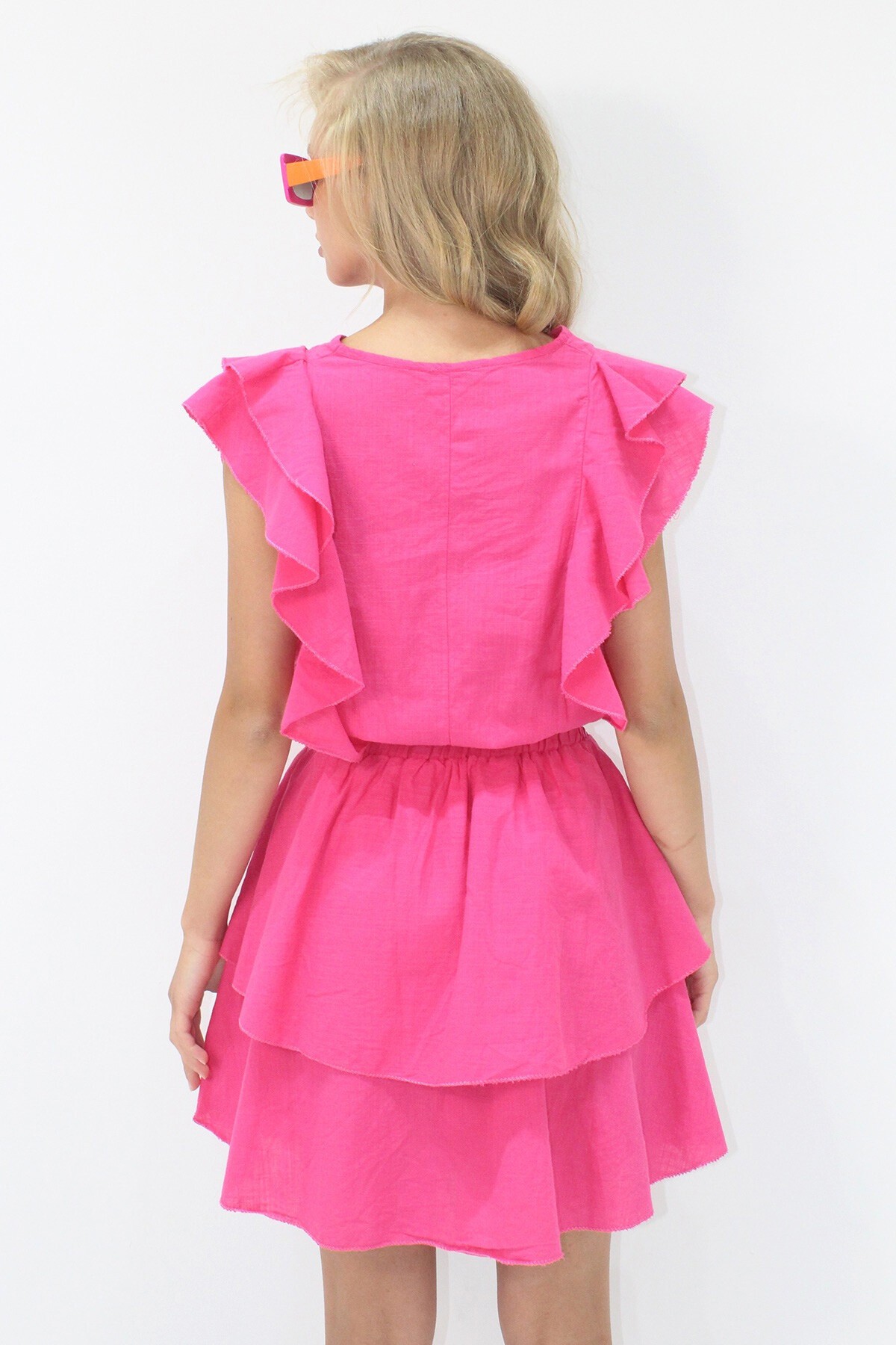 Fuşya V Yaka Fırfır Detaylı Eteği Kat Kat Volanlı Flamlı Keten Mini Elbise