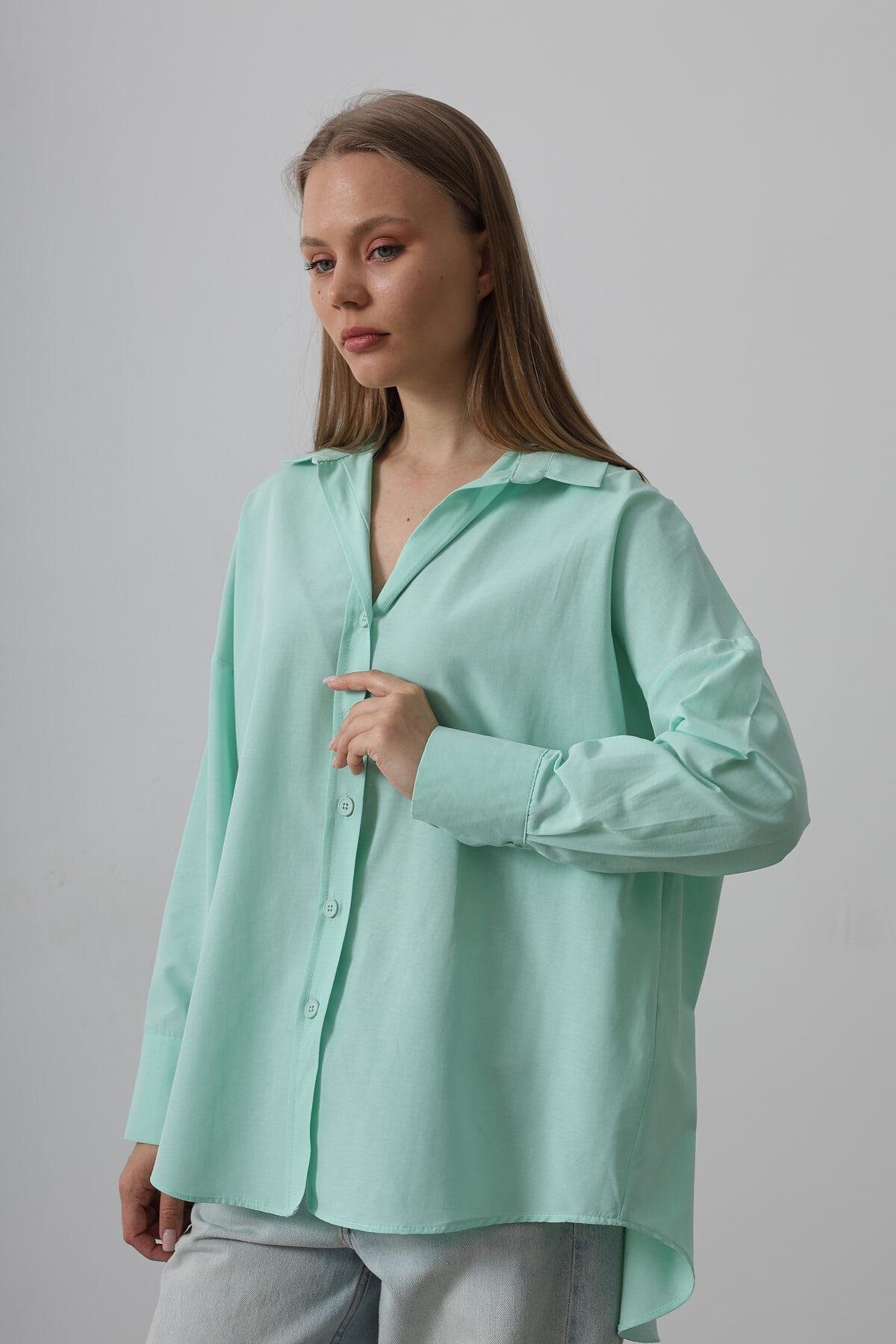 Mint Geniş Manşet Detaylı Oversize Gömlek