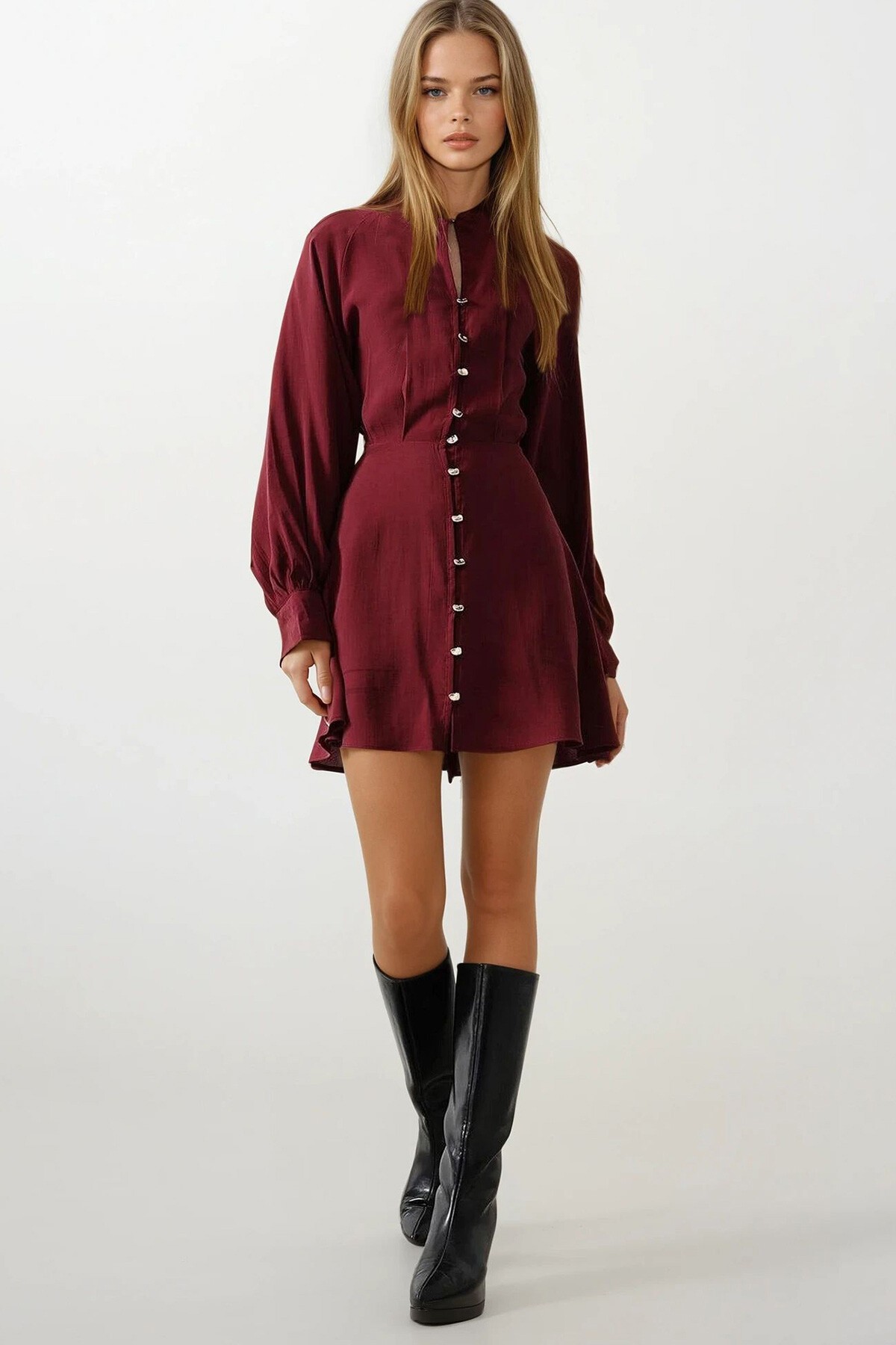 Bordo Düğme Detaylı Balon Kol Mini Boy Elbise