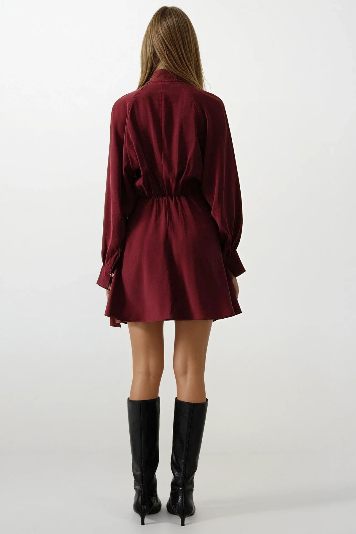 Bordo Düğme Detaylı Balon Kol Mini Boy Elbise