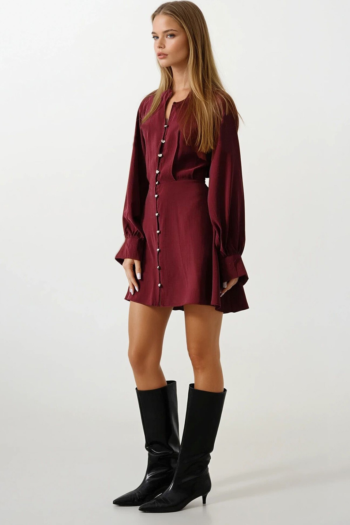 Bordo Düğme Detaylı Balon Kol Mini Boy Elbise
