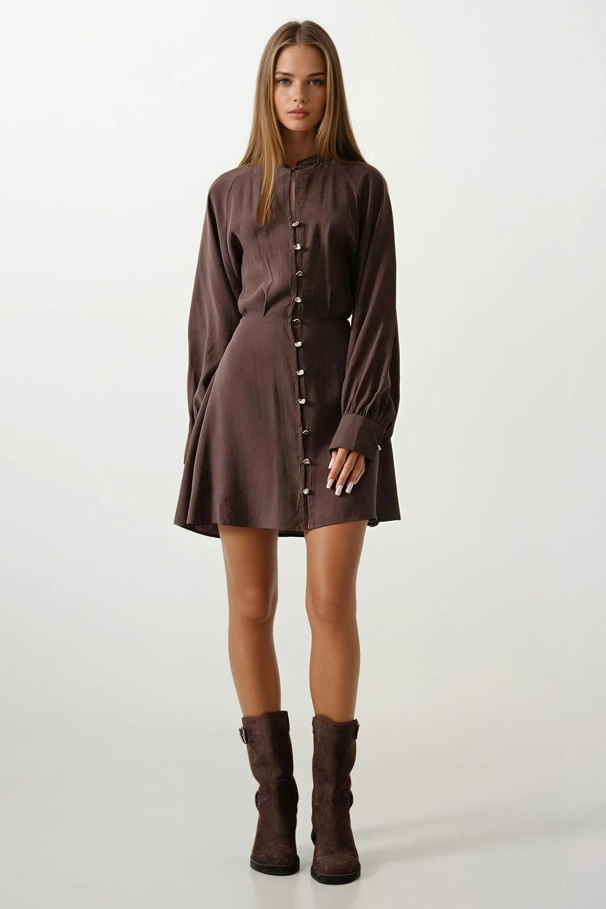 Kahve Düğme Detaylı Balon Kol Mini Boy Elbise