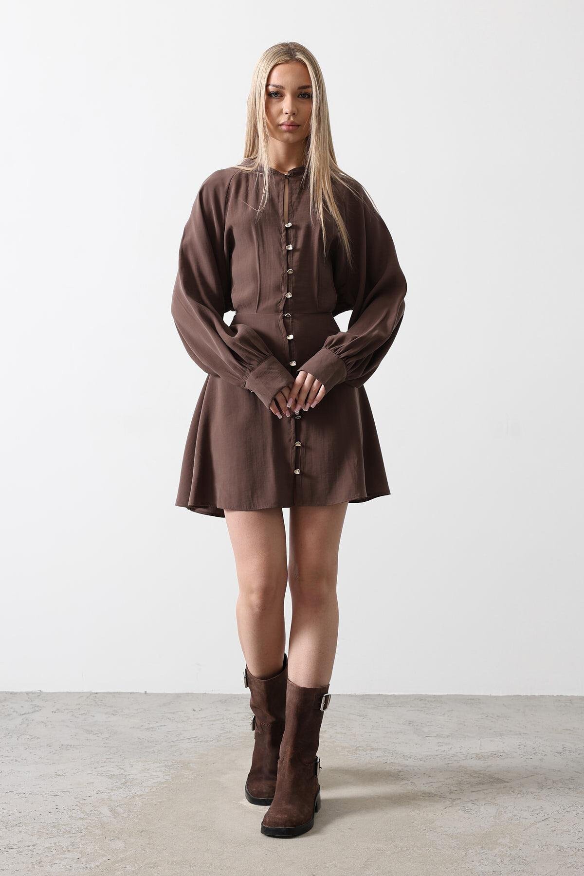 Kahve Düğme Detaylı Balon Kol Mini Boy Elbise