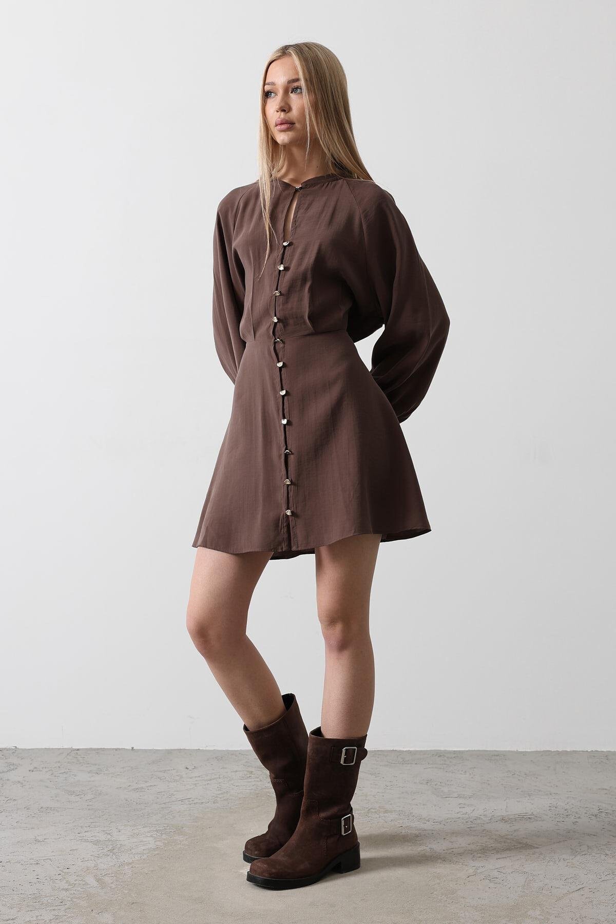 Kahve Düğme Detaylı Balon Kol Mini Boy Elbise