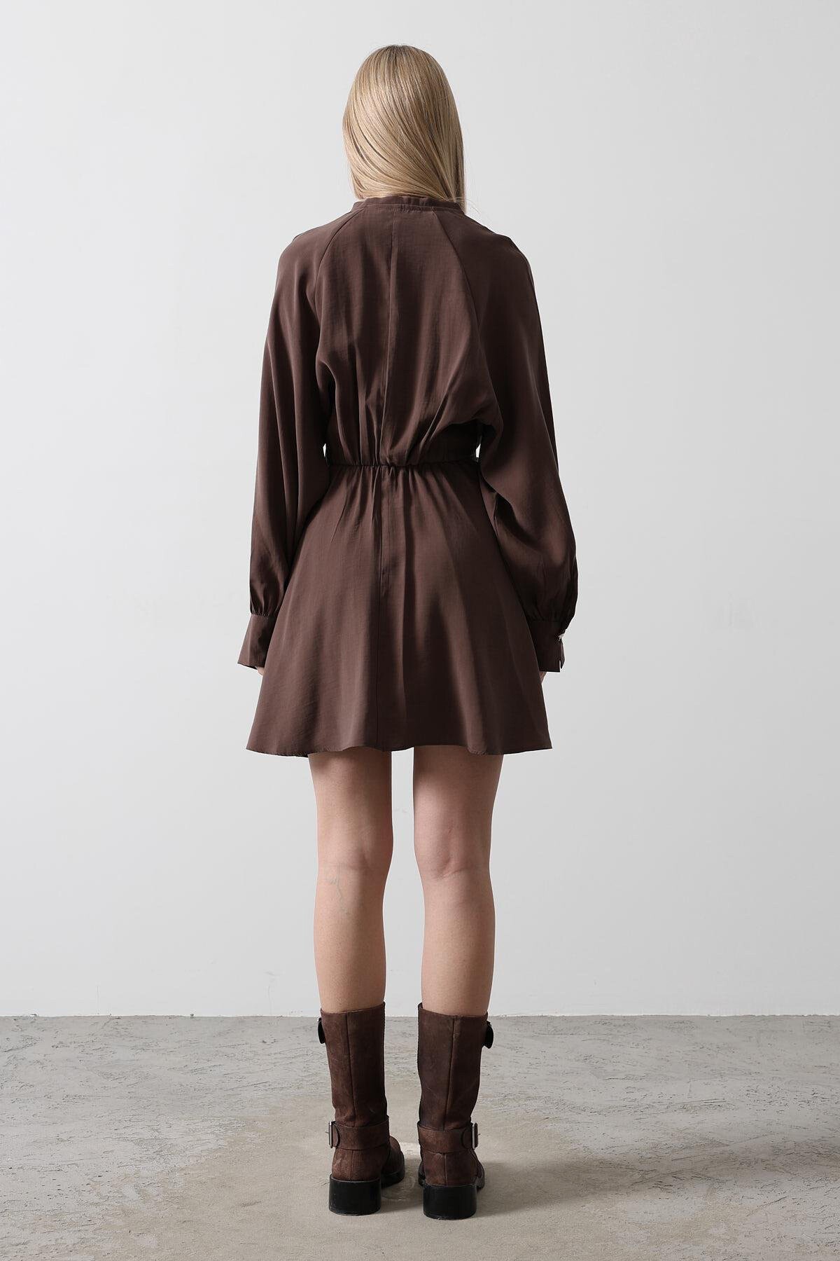 Kahve Düğme Detaylı Balon Kol Mini Boy Elbise