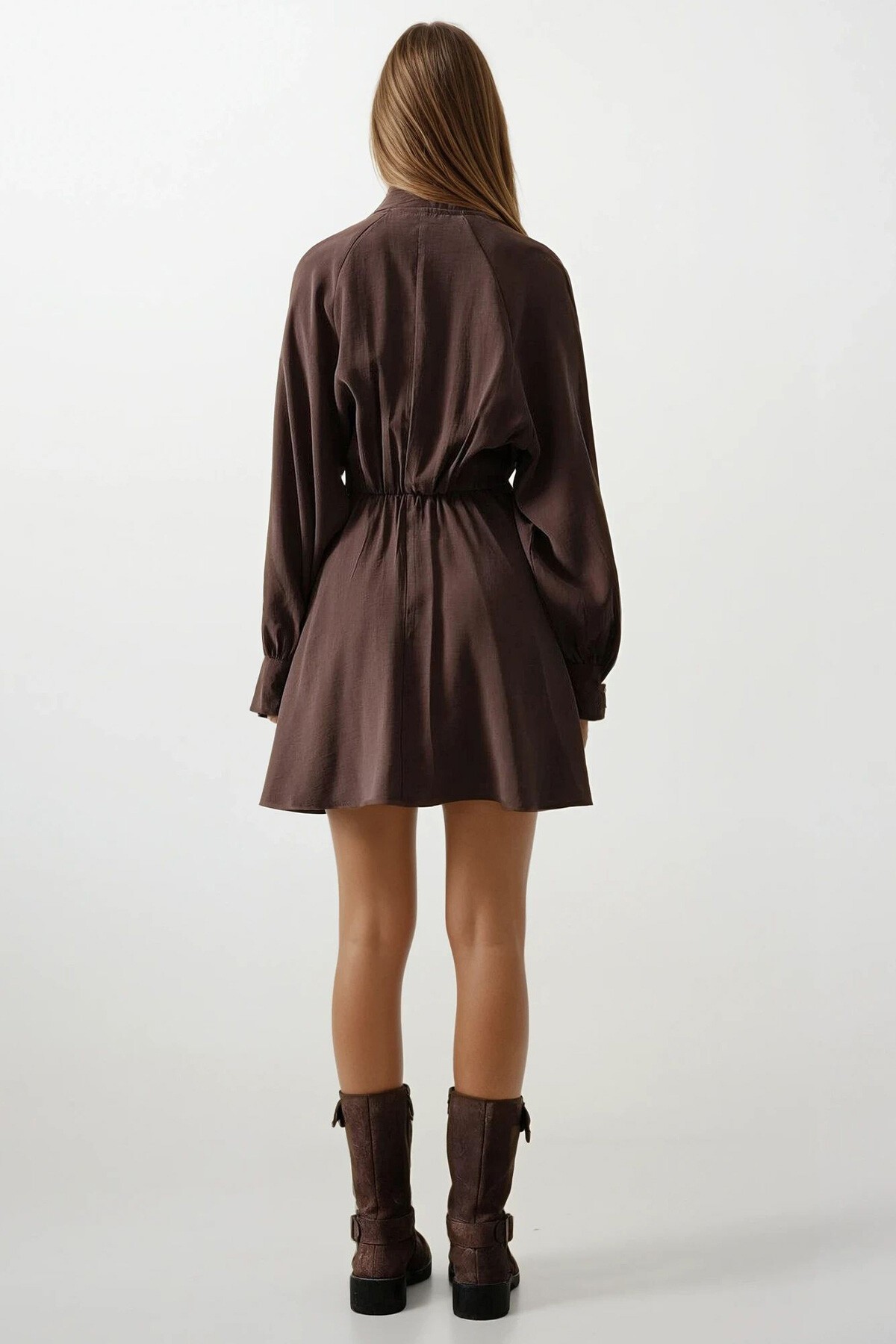 Kahve Düğme Detaylı Balon Kol Mini Boy Elbise