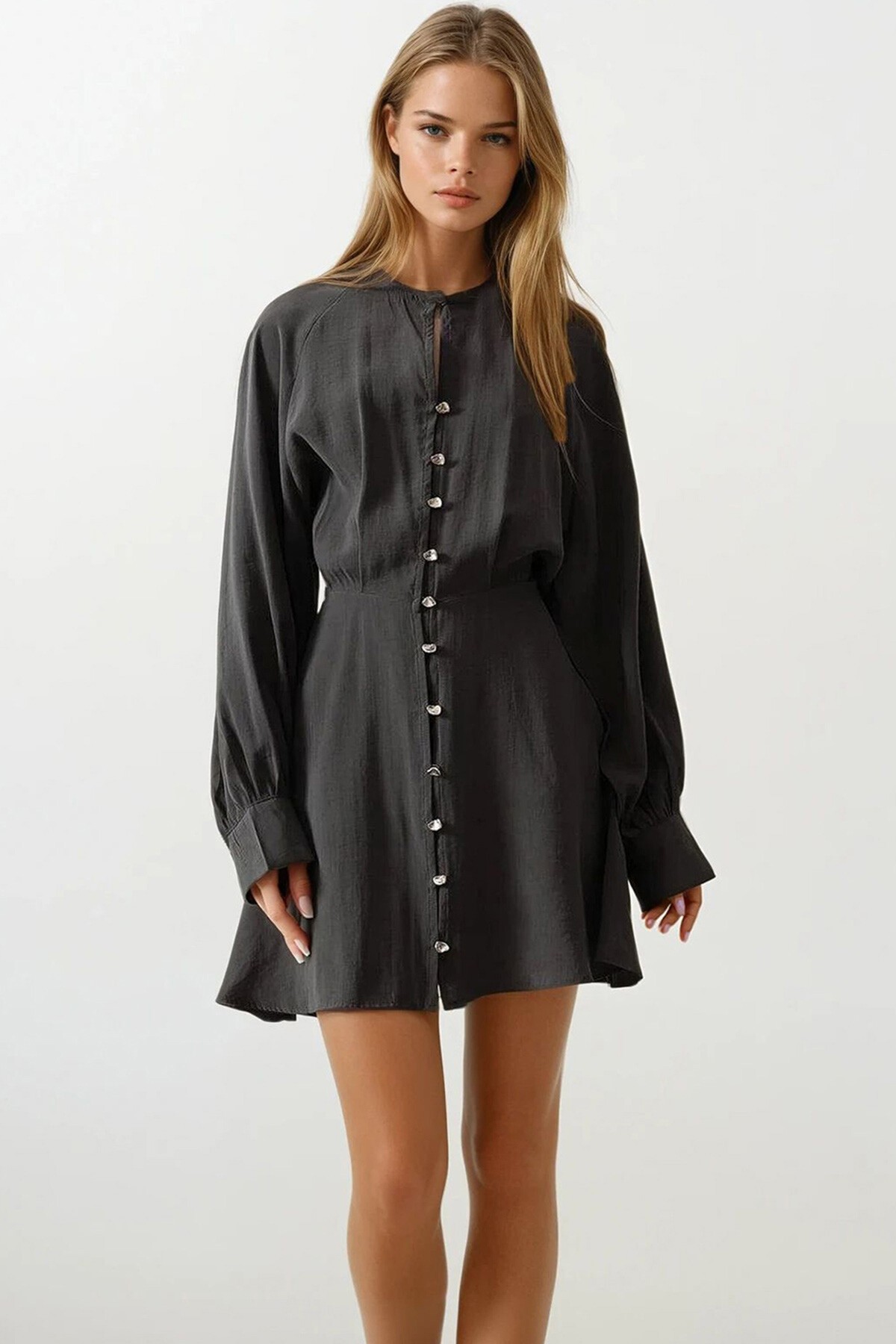 Antrasit Düğme Detaylı Balon Kol Mini Boy Elbise
