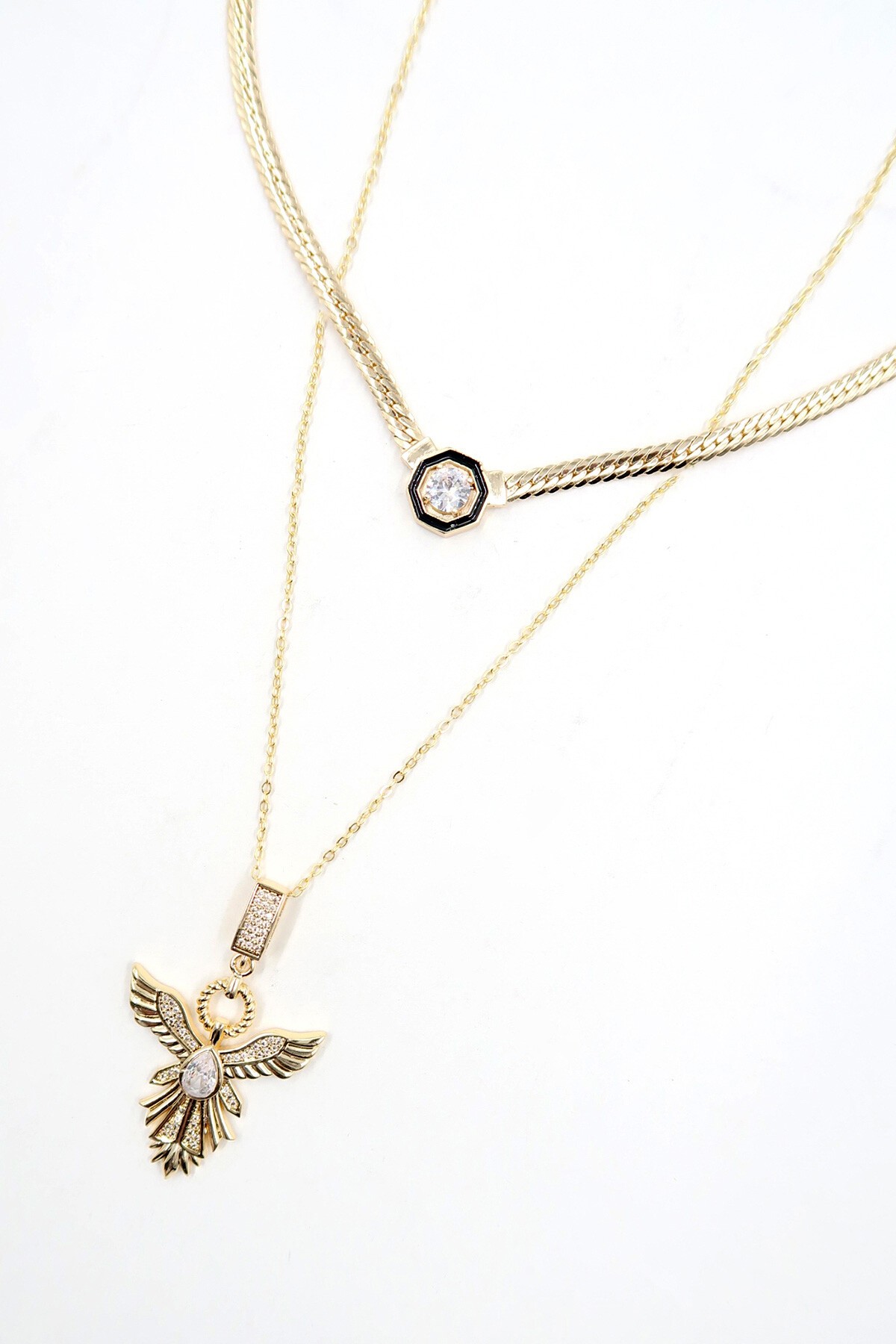 Gold Zirkon Taşlı İkili Zincir Kolye Seti